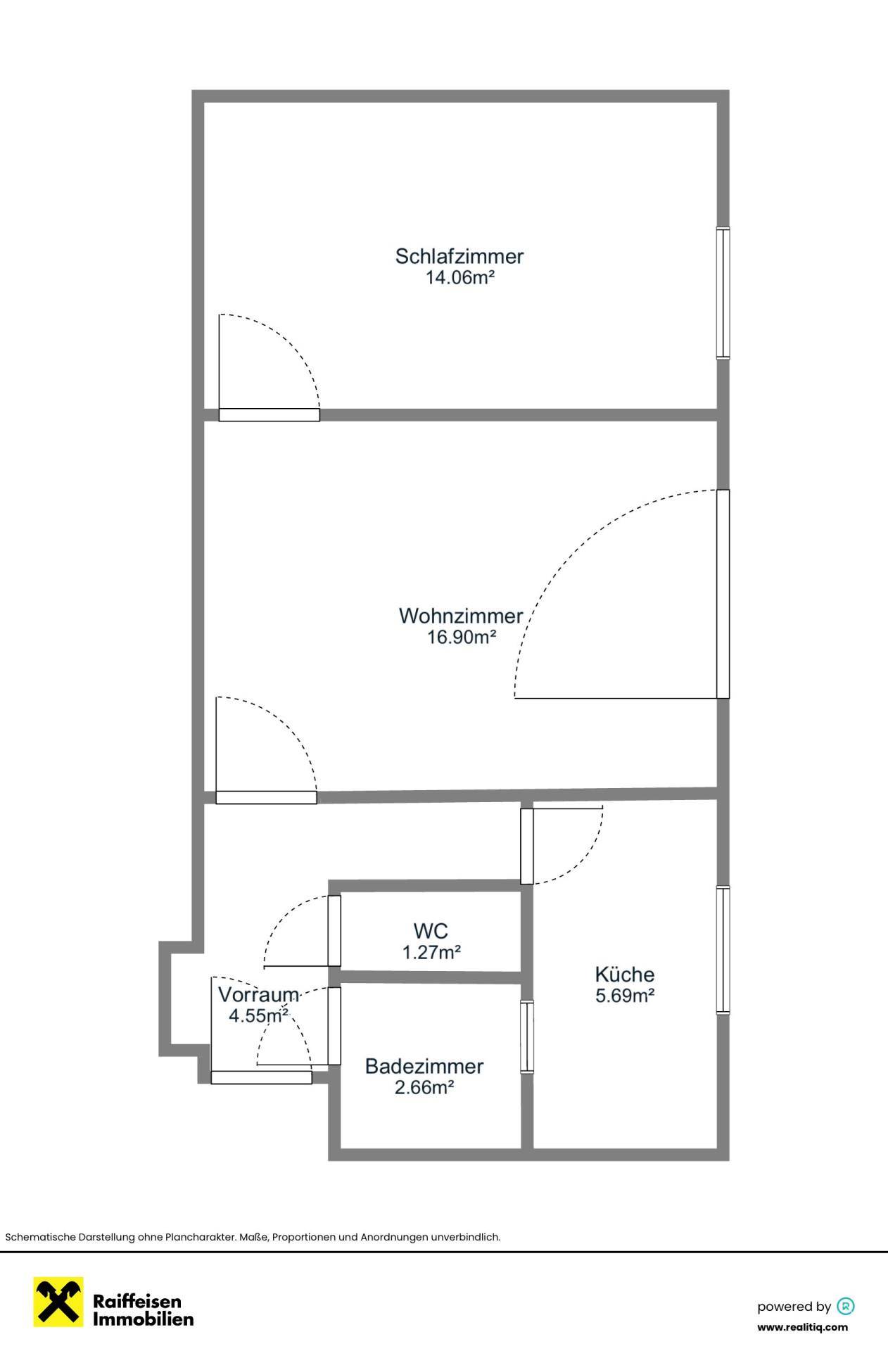 Grundriss einer Wohnung mit Schlafzimmer, Wohnzimmer, Küche und Bad auf 50.57m².