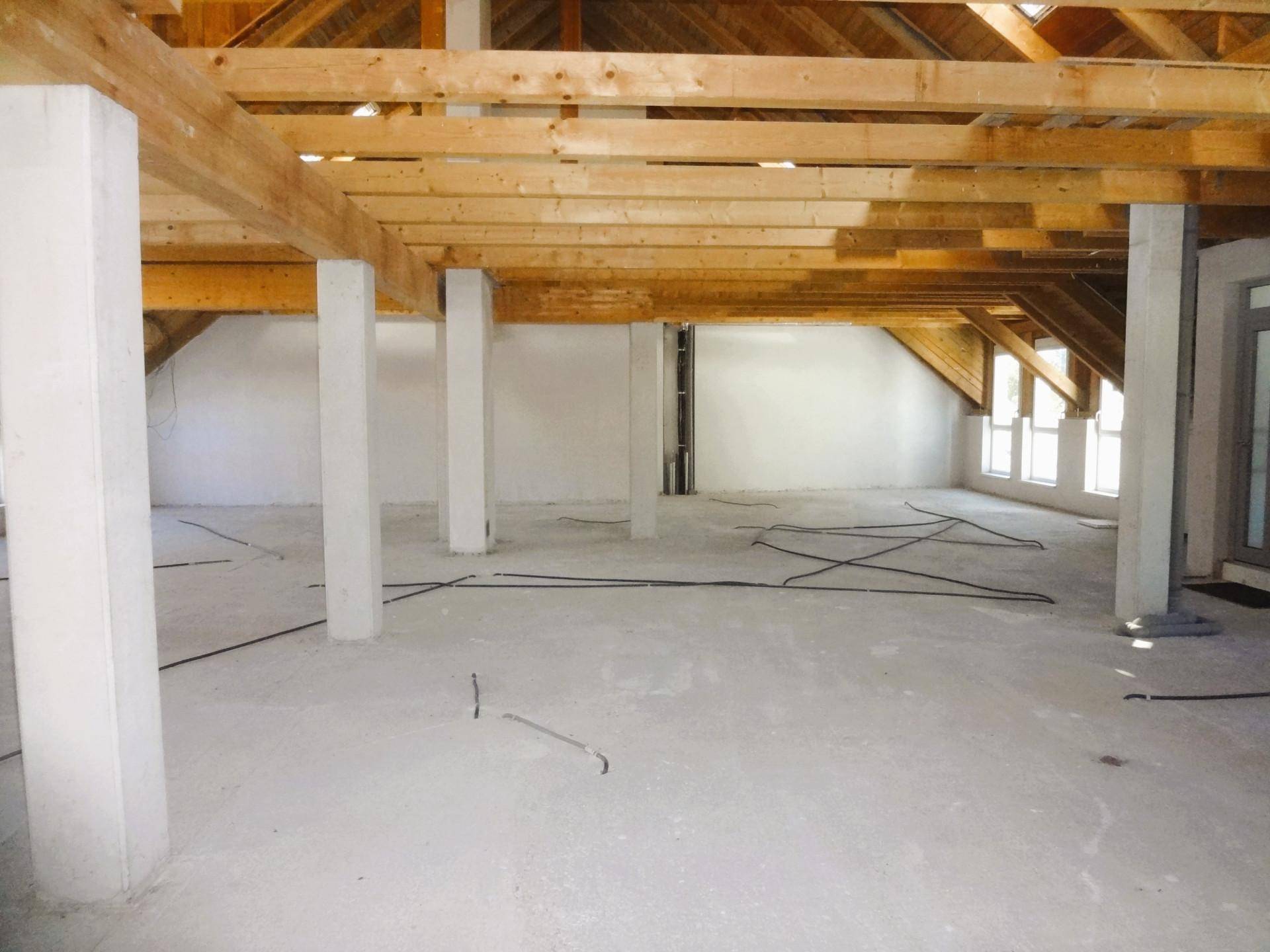 Großer, unfertiger Dachbodenraum mit sichtbarer Holzkonstruktion, Betonboden und mehreren Fenstern, die den Raum erhellen.