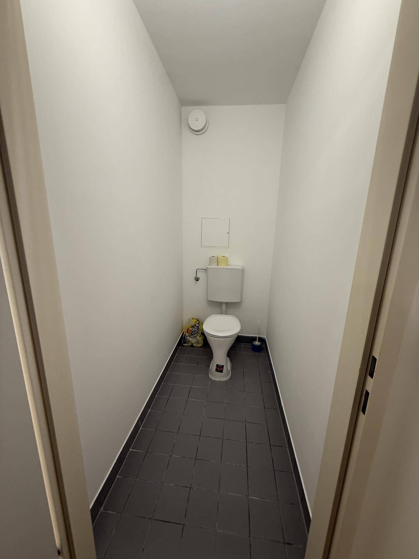 Separates Gäste-WC mit Wand-WC und dunklen Fliesen auf dem Boden, minimalistisch gestaltet.