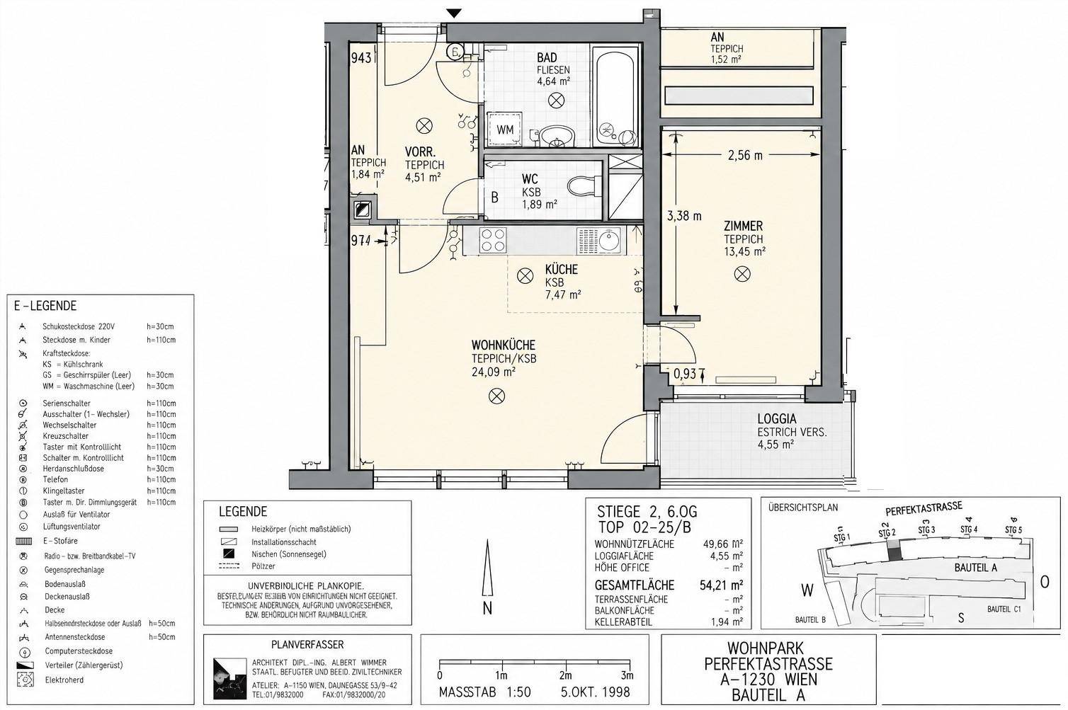 Grundriss der Wohnung mit Wohnküche, Schlafzimmer, Bad, separatem WC und Loggia.