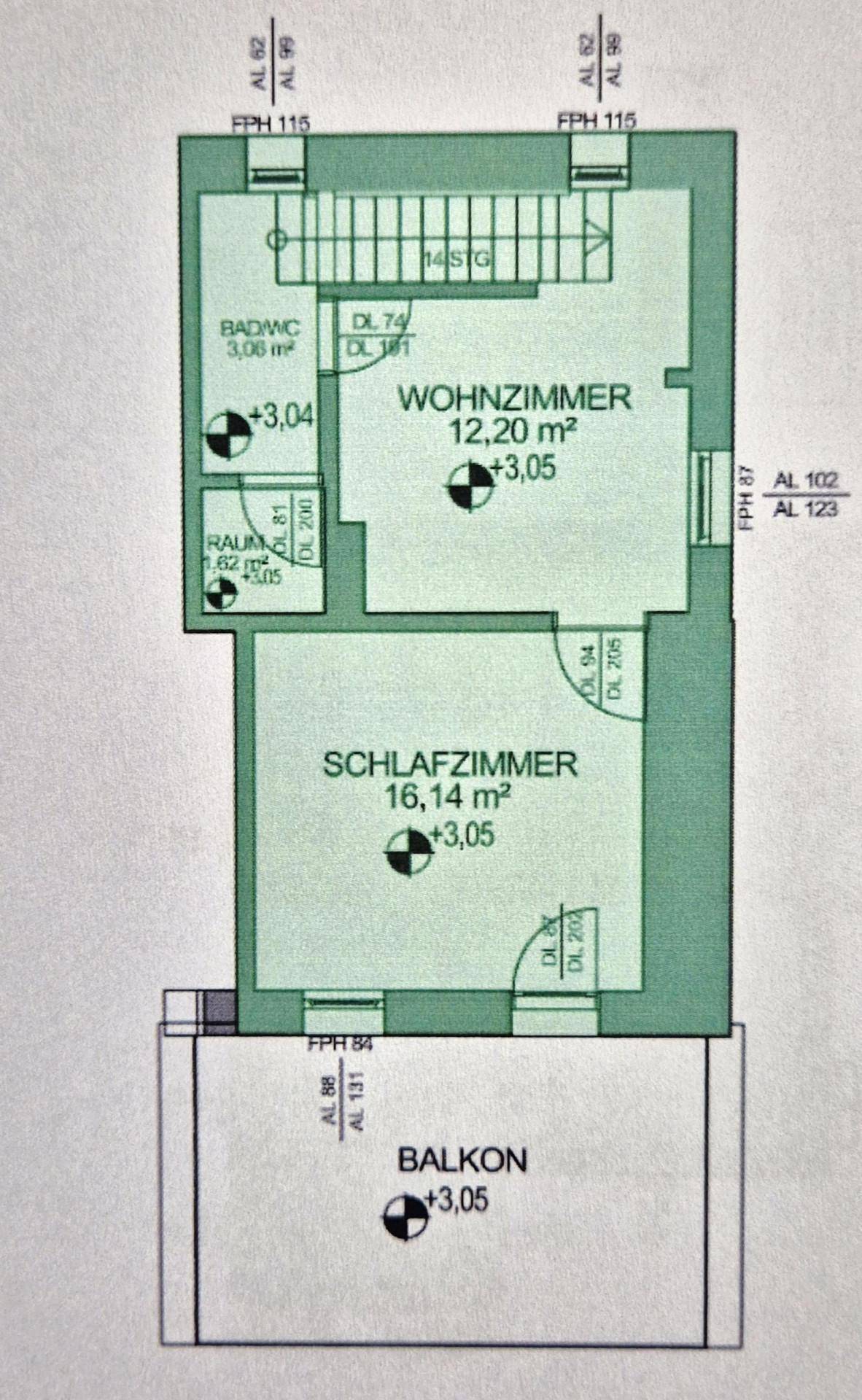 Grundrissplan einer Etage mit Wohnzimmer, Schlafzimmer, Bad und Balkon.