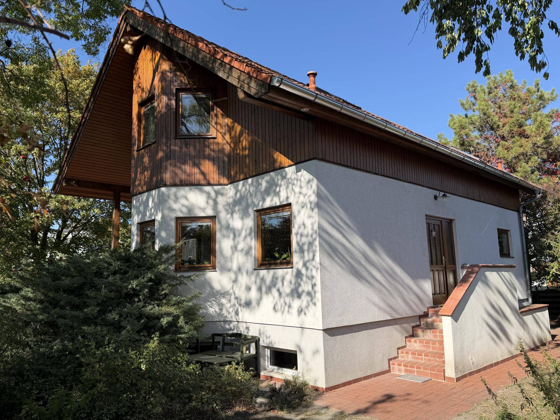 Seitenansicht des Hauses mit Eingangsbereich und Holzverkleidung unter einem Satteldach.