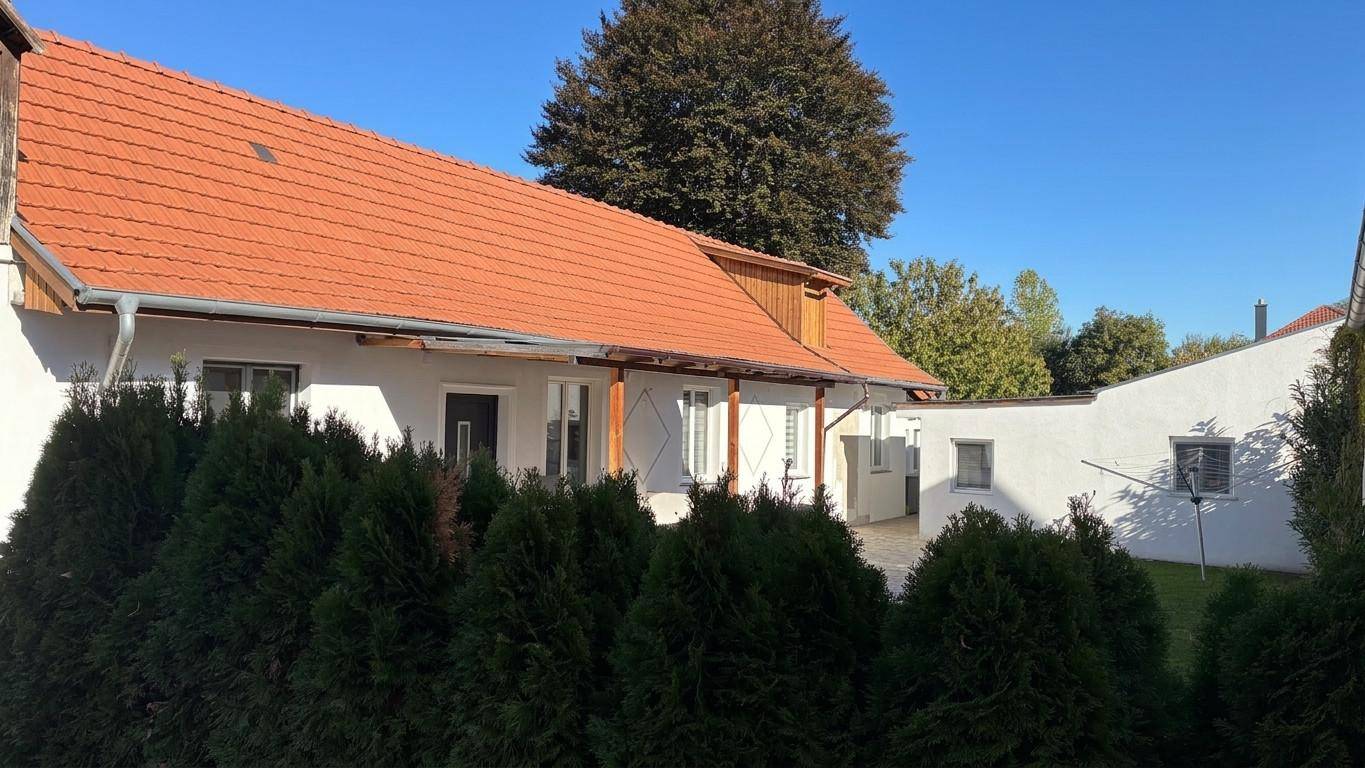 Rückseite des Hauses mit rotem Ziegeldach, grüner Hecke und sonnigem Gartenbereich.