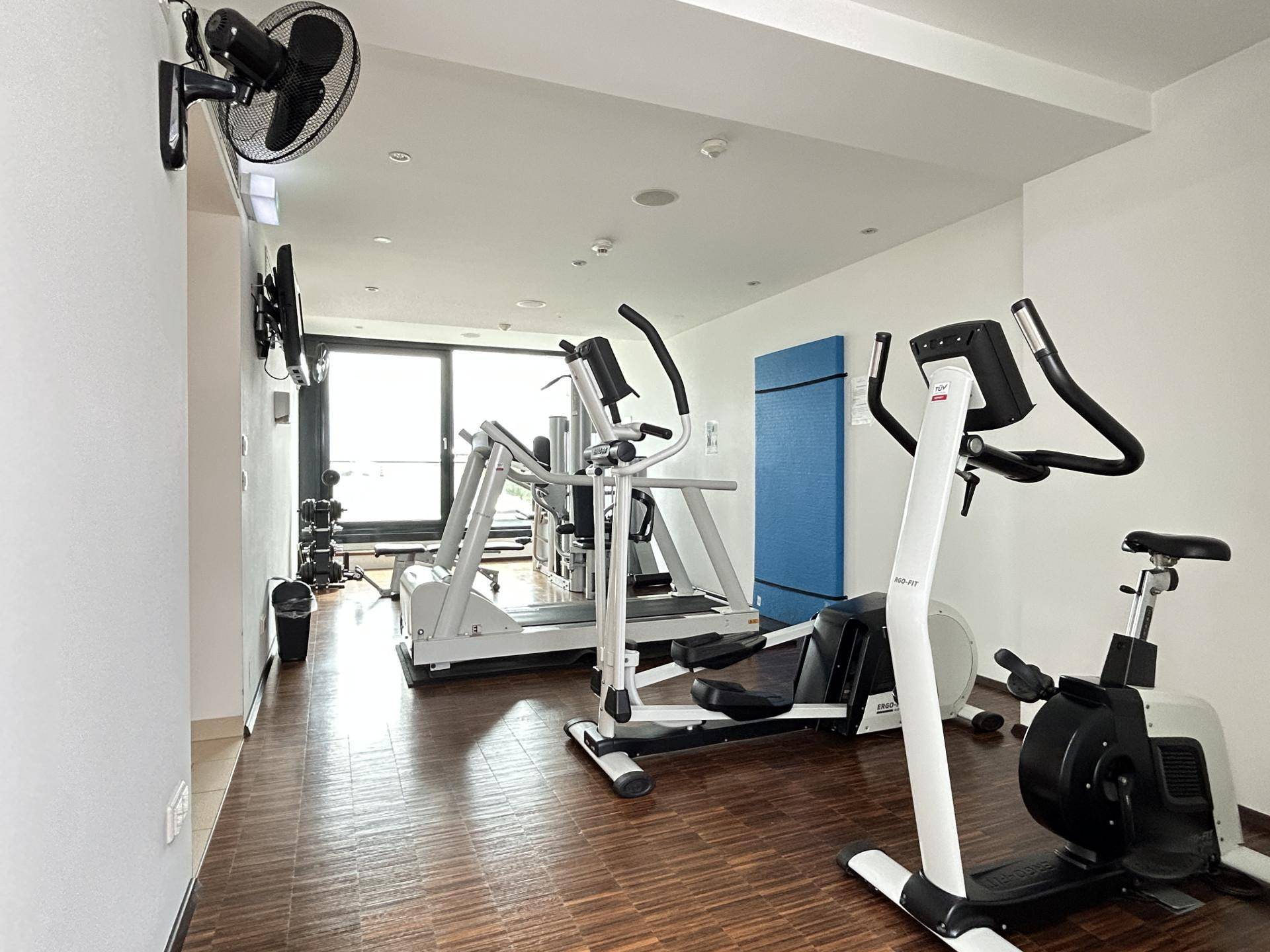 Moderner Fitnessraum mit verschiedenen Trainingsgeräten und großen Fenstern für natürliches Licht.