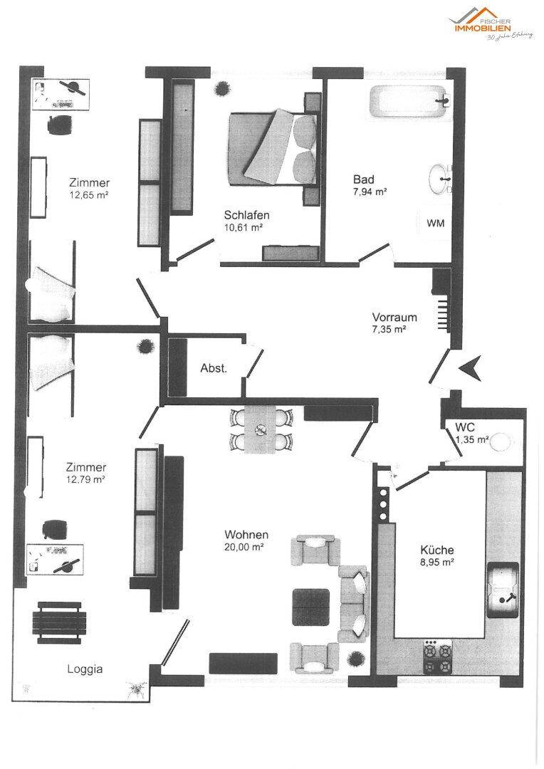Detaillierter Grundriss einer Wohnung mit mehreren Zimmern, Bad, WC, Küche und Loggia.