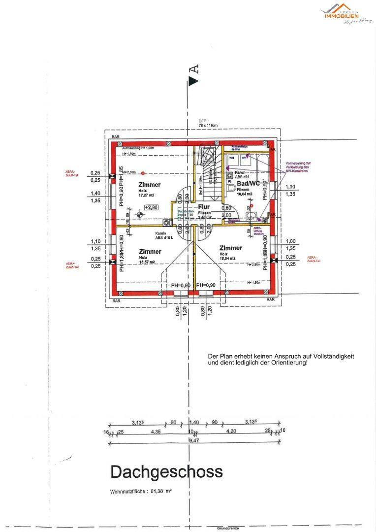 Grundriss des Dachgeschosses mit drei Zimmern und einem Badezimmer.
