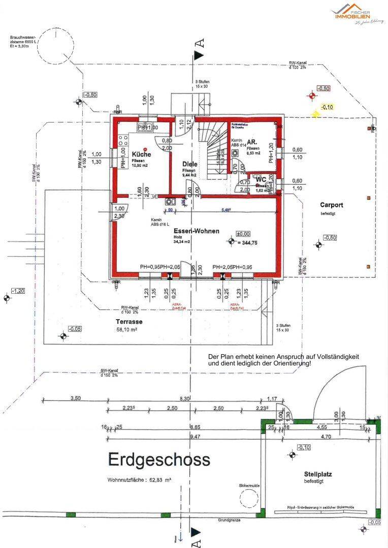Grundriss des Erdgeschosses mit offener Küche, Ess-Wohnbereich und Terrasse.