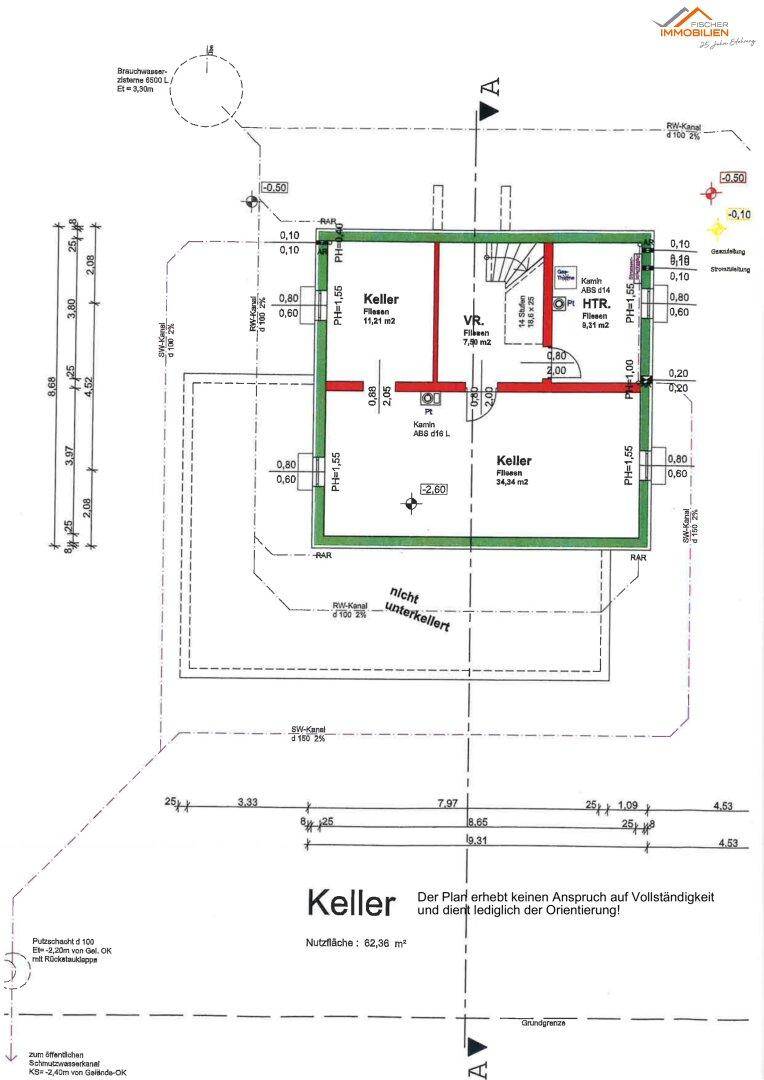 Grundriss des Kellers mit Technikraum und weiteren Abstellflächen.