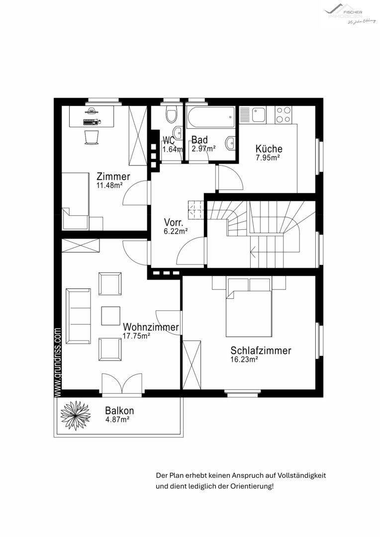 Grundrissplan mit Zimmern, Bad, WC, Küche, Wohnzimmer, Schlafzimmer und Balkon.