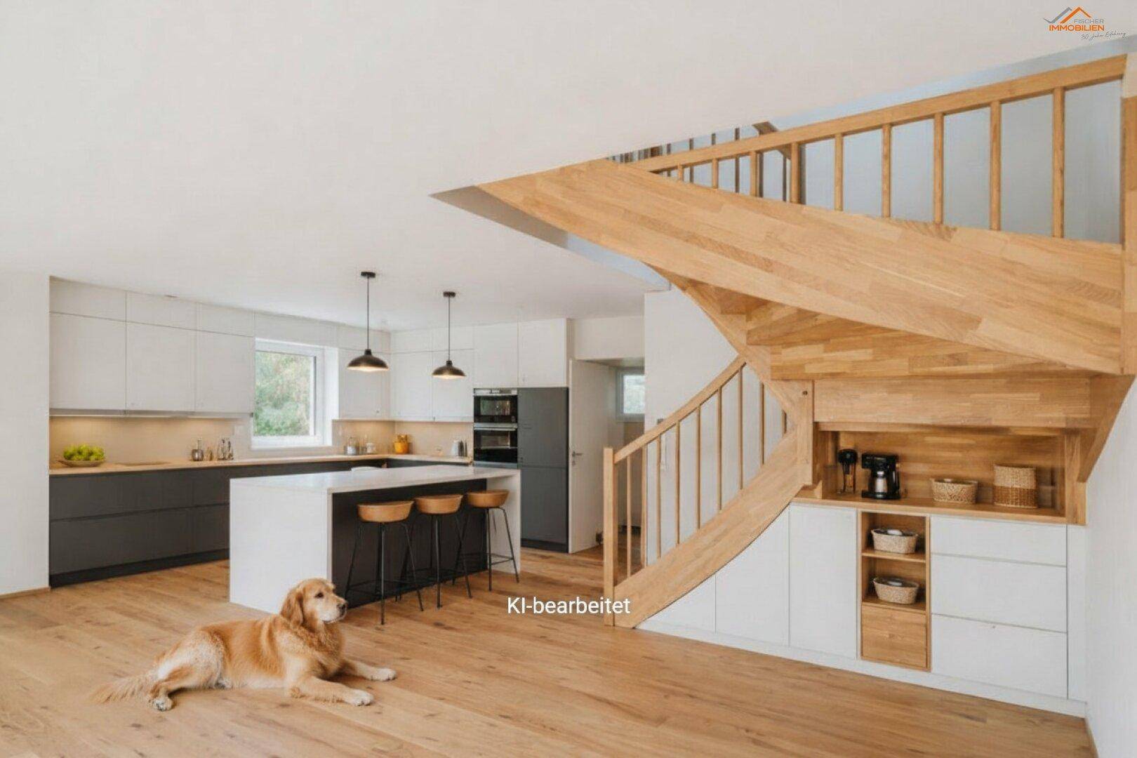Moderne offene Küche mit Kücheninsel, integrierten Geräten und heller Holztreppe in einem lichtdurchfluteten Raum.