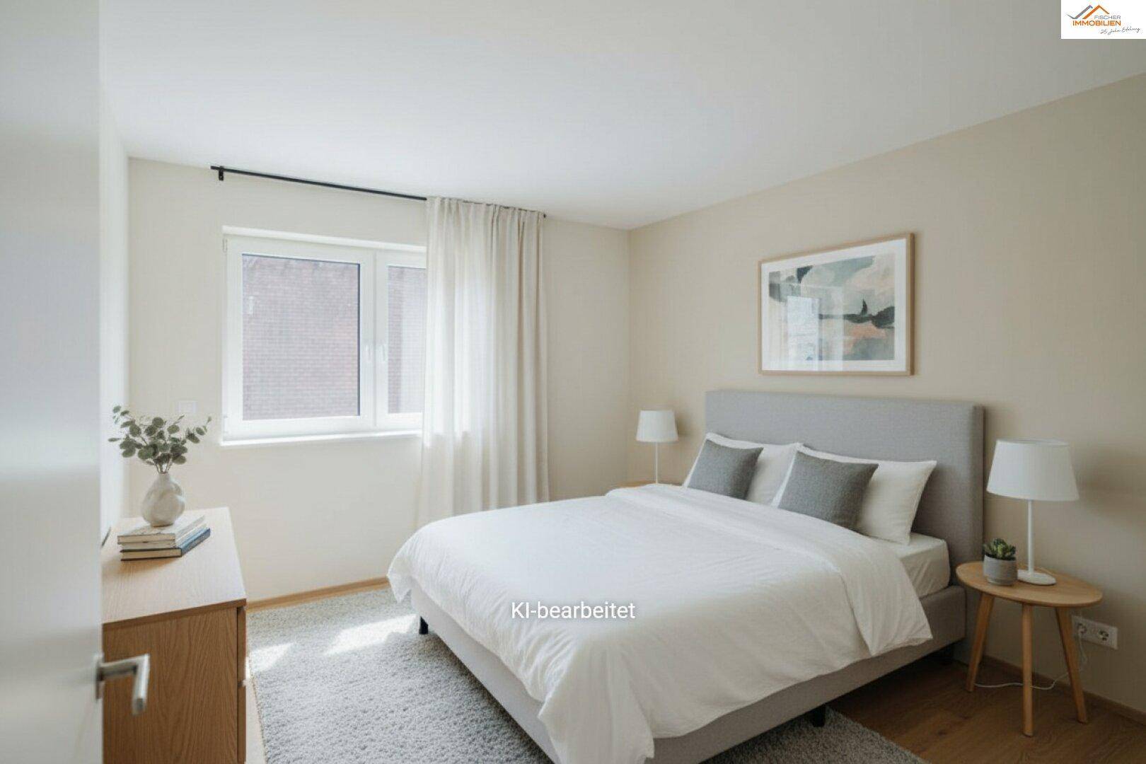 Gemütliches Schlafzimmer mit Doppelbett, Teppichboden und viel natürlichem Licht.