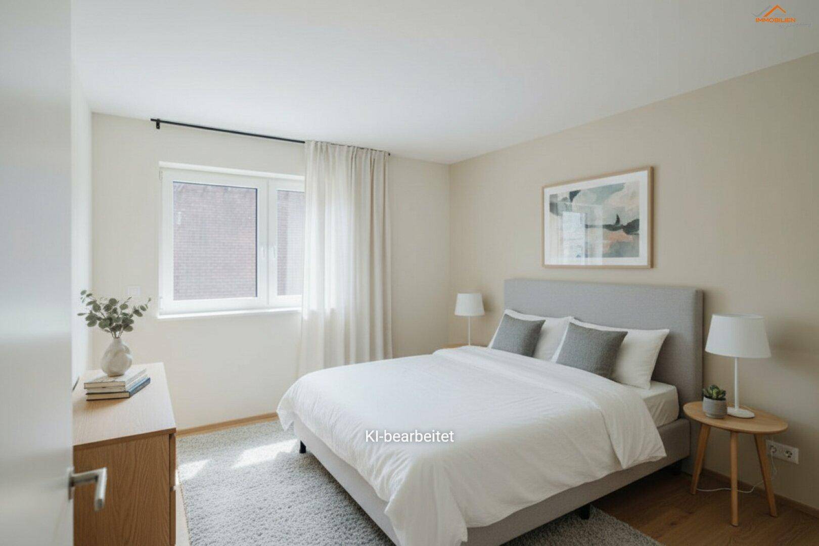 Gemütliches Schlafzimmer mit Doppelbett, Nachttischen und hellem Teppichboden, bietet eine ruhige Atmosphäre.
