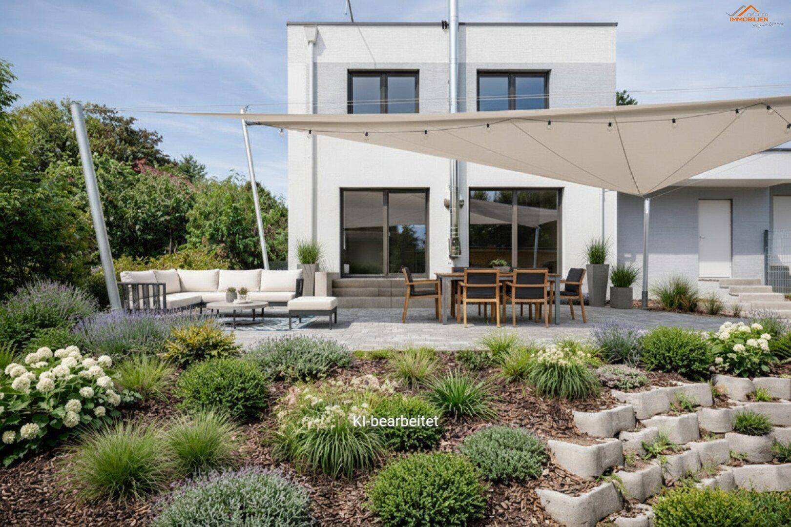 Attraktiver Garten mit gepflasterter Terrasse, Lounge-Möbeln und vielfältiger Bepflanzung für Entspannung.
