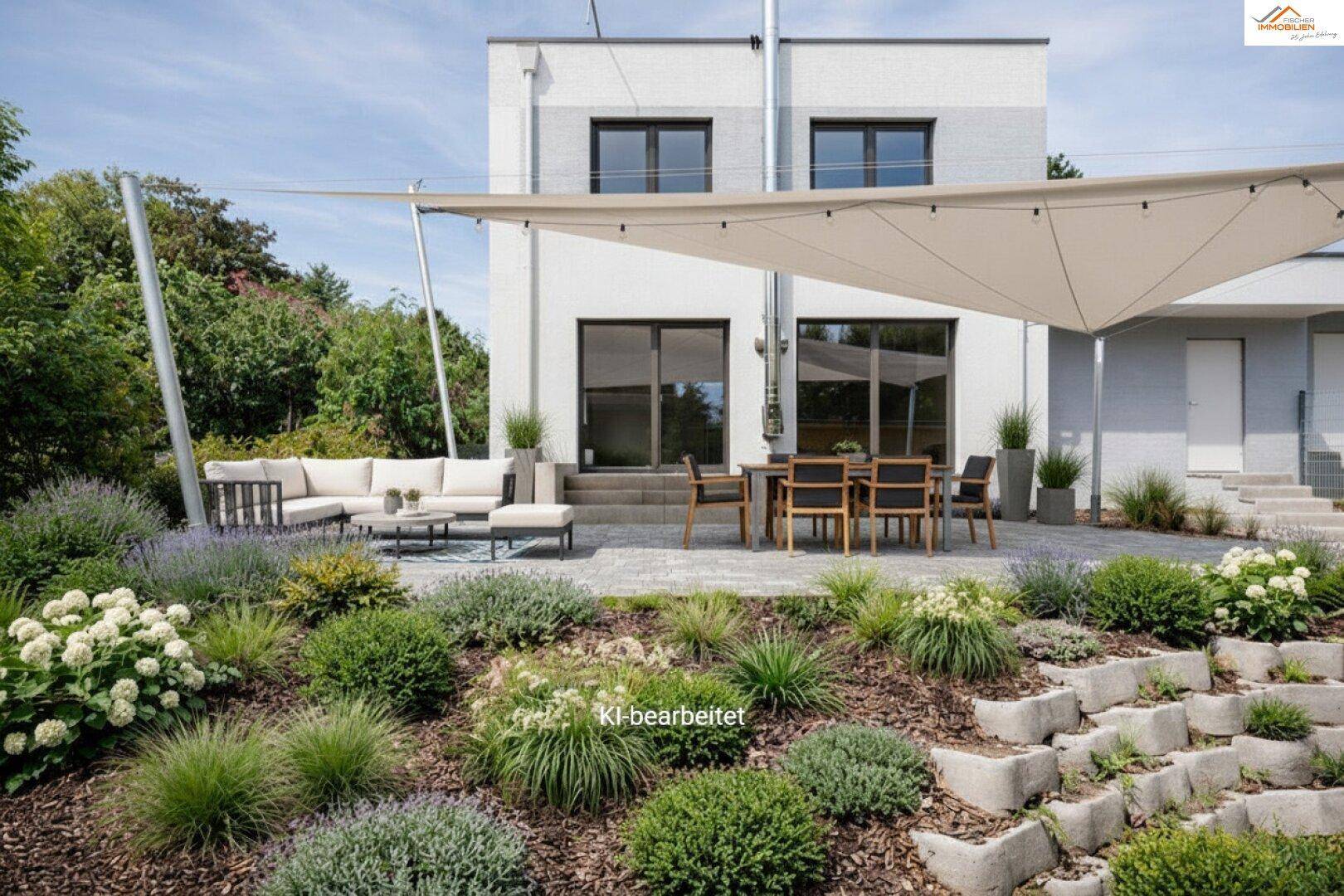 Gepflegter Garten mit Terrasse, Sitzgelegenheiten und vielfältiger Bepflanzung.