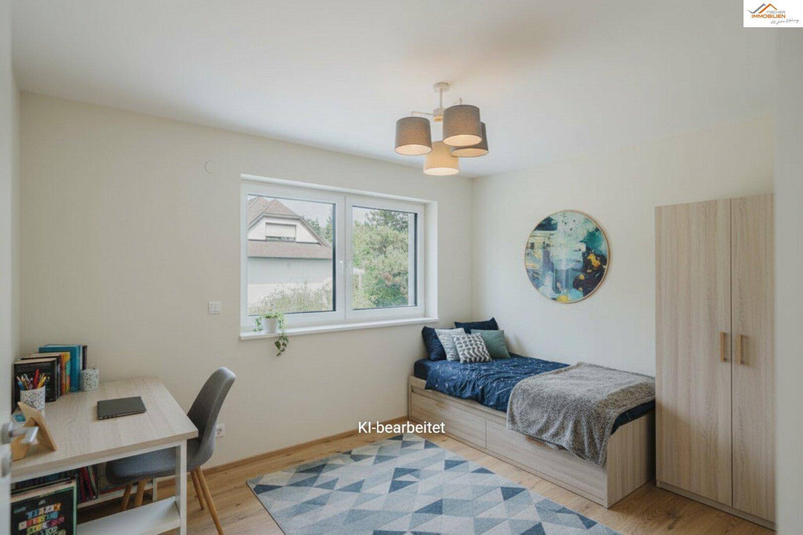 Modern eingerichtetes Jugendzimmer mit Schreibtisch, Bett mit Stauraum und Teppich.