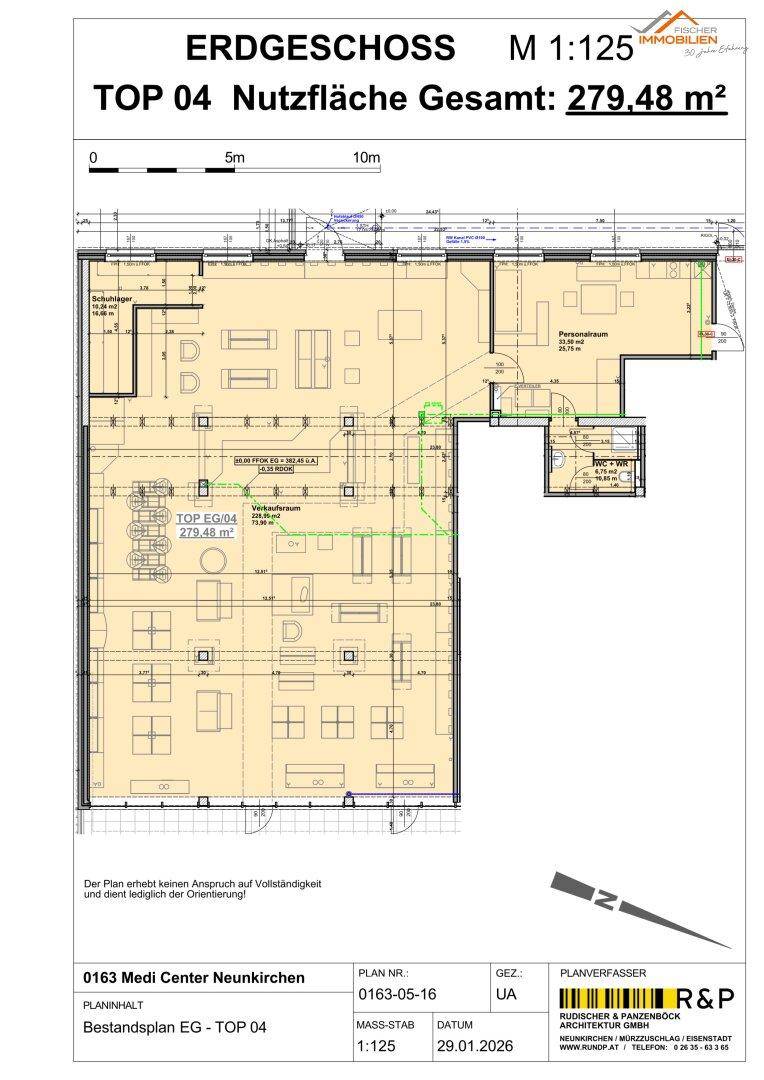 Grundriss des Erdgeschosses mit einer Nutzfläche von 279,48 m², zeigt die Aufteilung des Gewerberaums.