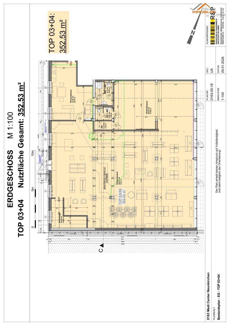 Grundriss des Erdgeschosses TOP 03+04 mit einer Nutzfläche von 352,53 m² und offener Gestaltung.
