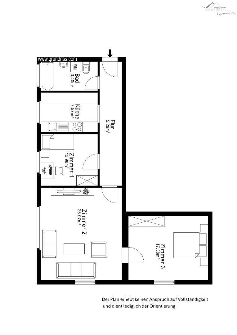 Grundriss einer Wohnung mit drei Zimmern, Küche und Bad, inklusive Flächenangaben.