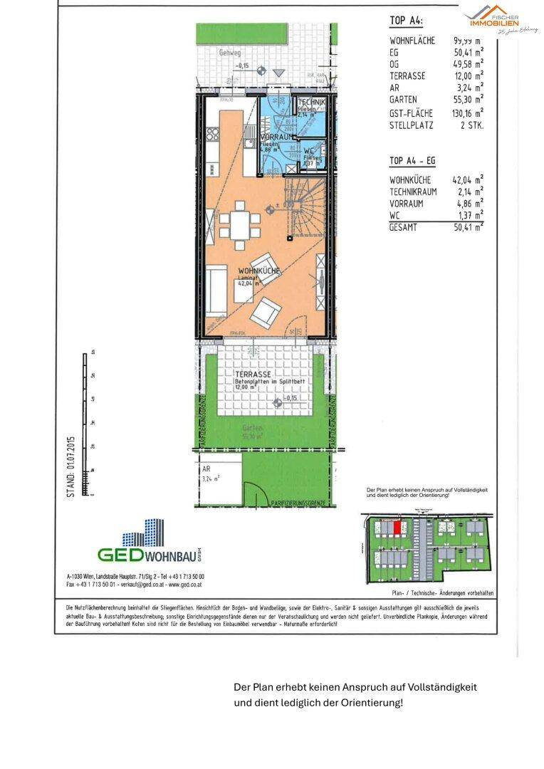 Grundriss des Erdgeschosses mit offener Wohnküche, Gäste-WC, Terrasse und Gartenbereich.