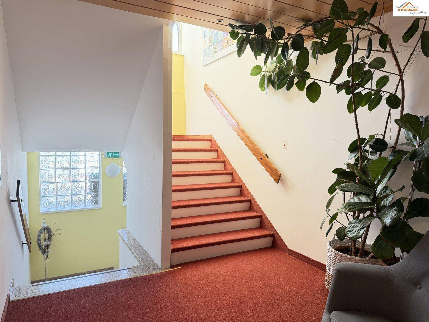 Treppenhaus mit Teppichboden, Holzgeländer und dekorativen Pflanzen.