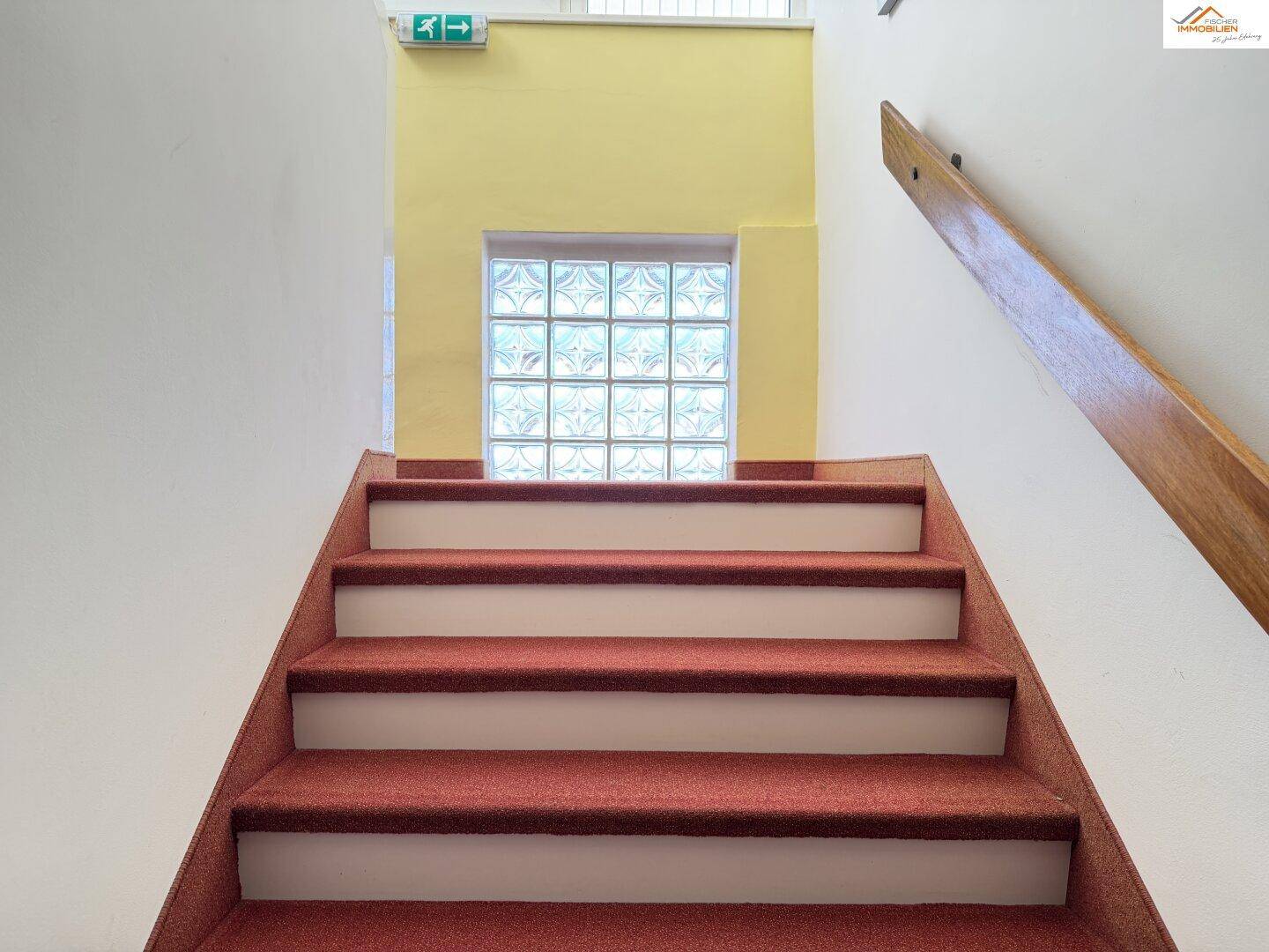 Treppenaufgang mit rotem Teppich und Glasbausteinfenster für natürliches Licht.