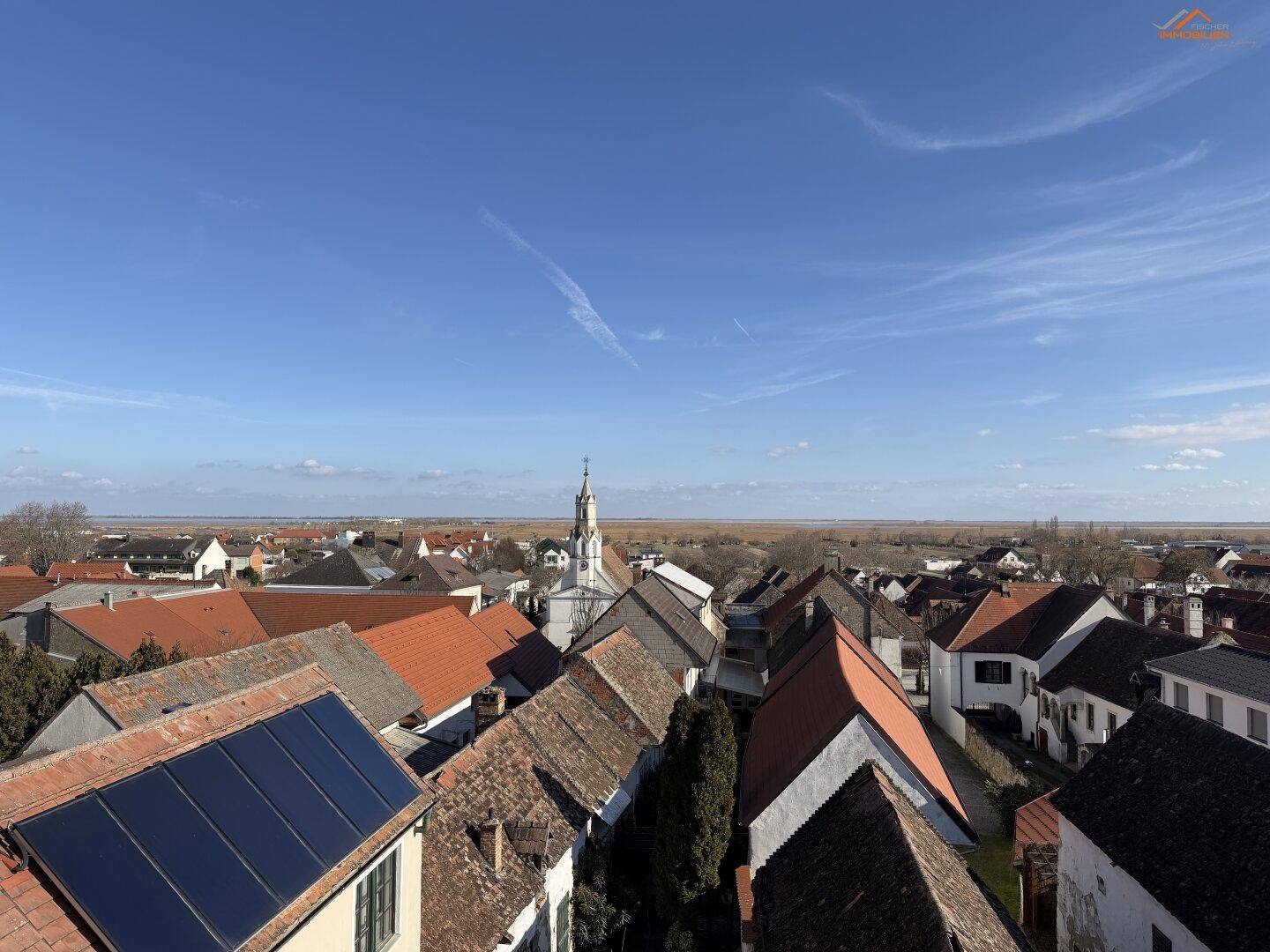 Panoramablick über die Dächer eines Dorfes mit einer Kirche und weitem Horizont.