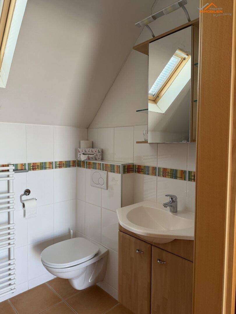 Badezimmer mit WC, Waschbecken, Spiegelschrank und einem Dachfenster für natürliches Licht.