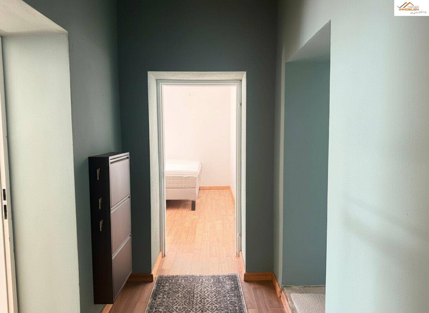 Schmaler Flur mit dunkelgrünen Wänden, einem Schuhschrank und Blick in ein angrenzendes Zimmer.