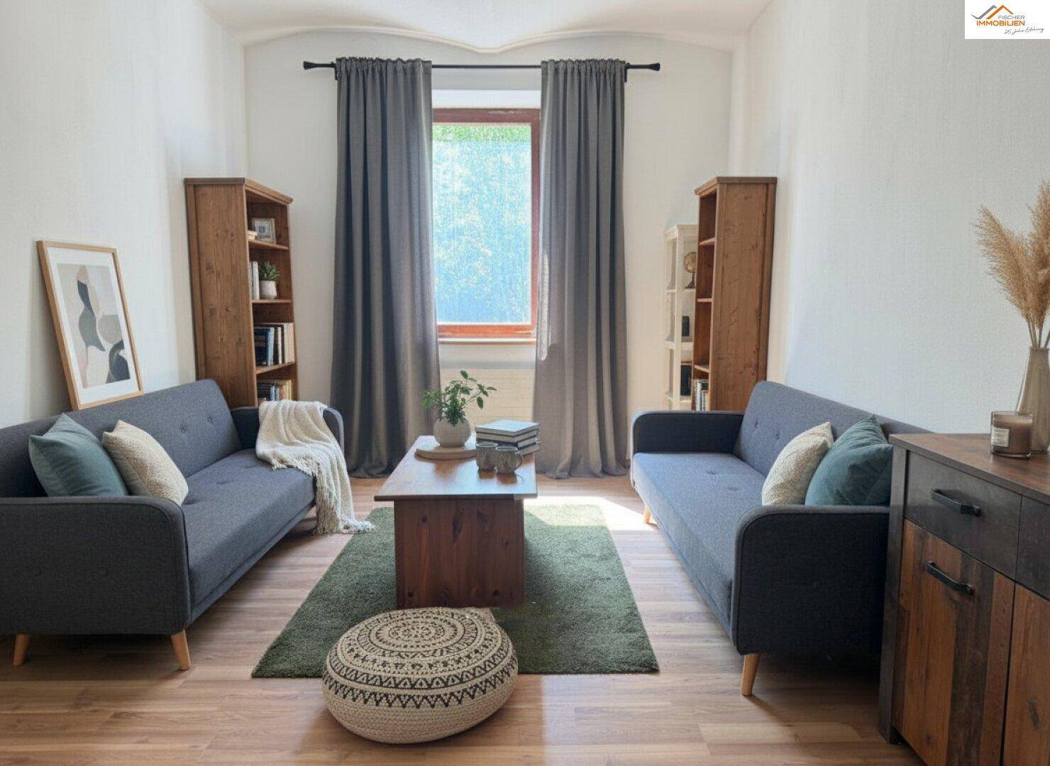 Gemütliches Wohnzimmer mit zwei Sofas, Holzbücherregalen und einem Teppich auf dem Holzboden.