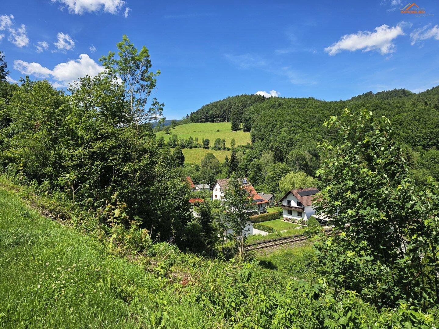 Weitblick über ein grünes Tal mit Häusern, einer Eisenbahnlinie und dichten Wäldern unter blauem Himmel.