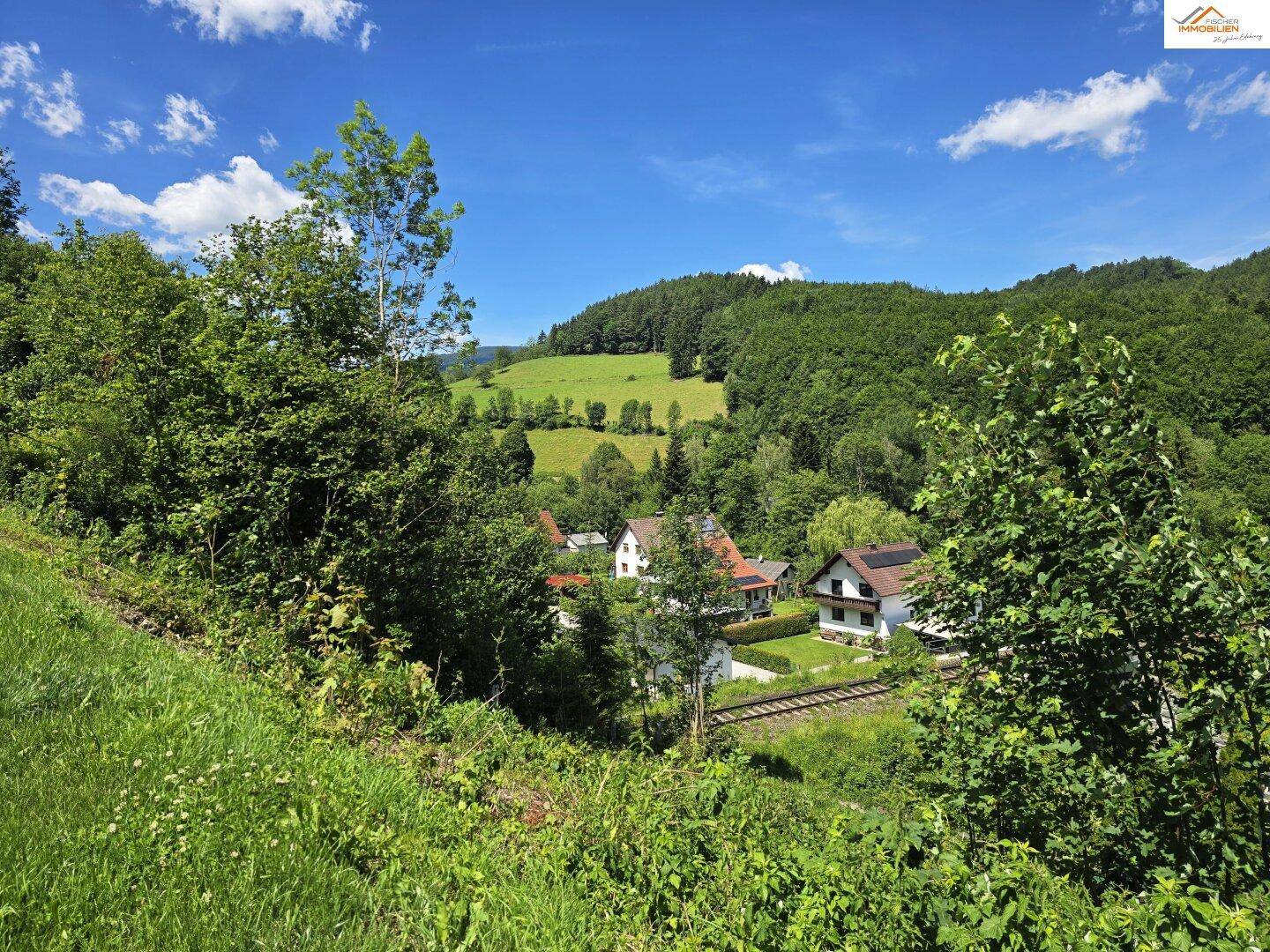 Weitblick über ein grünes Tal mit Häusern, Bäumen und einer Eisenbahnlinie unter strahlend blauem Himmel.