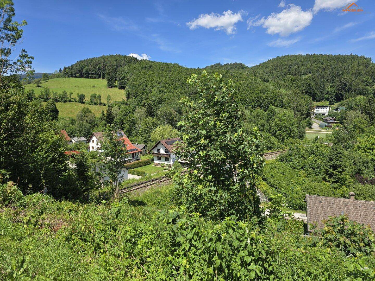 Panoramablick über ein grünes Tal mit Häusern, einer Eisenbahnlinie und üppigen Wäldern.