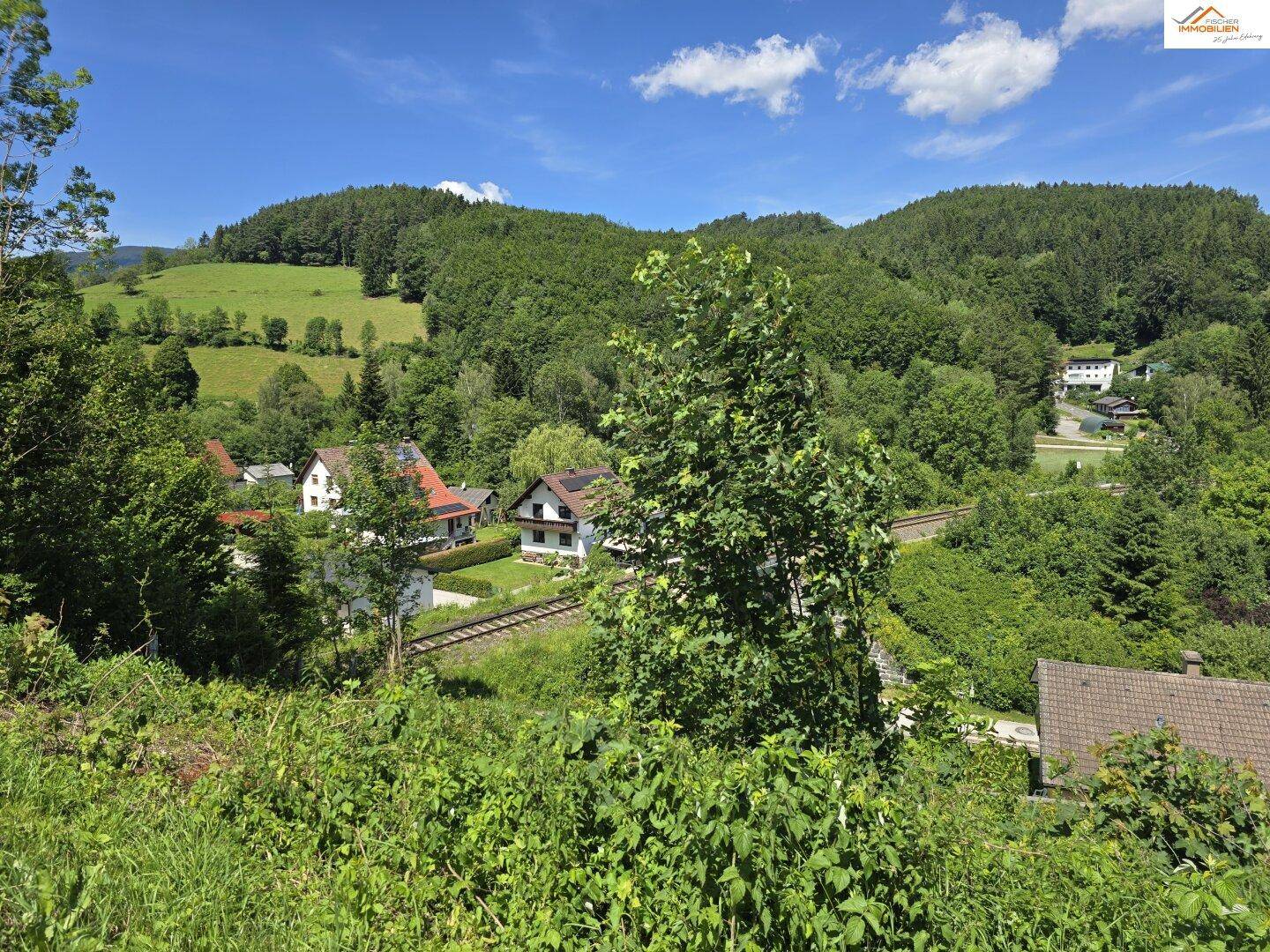 Weitblick über ein grünes Tal mit Häusern, Bäumen und einer Eisenbahnlinie unter strahlend blauem Himmel.