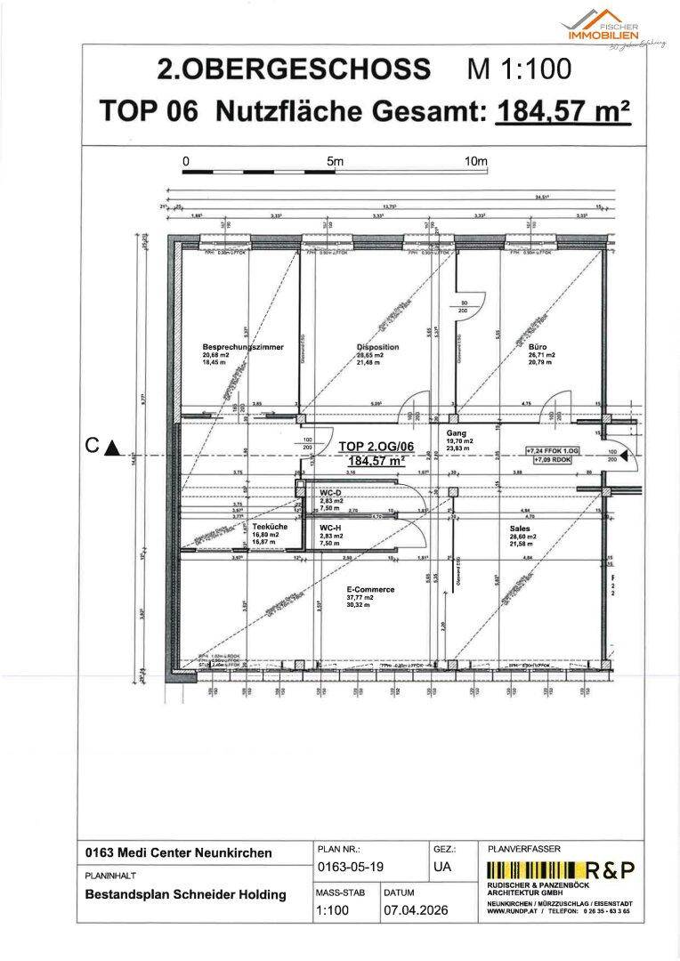 Grundriss des zweiten Obergeschosses mit einer Nutzfläche von 184,57 m², inklusive Büros und Besprechungszimmer.