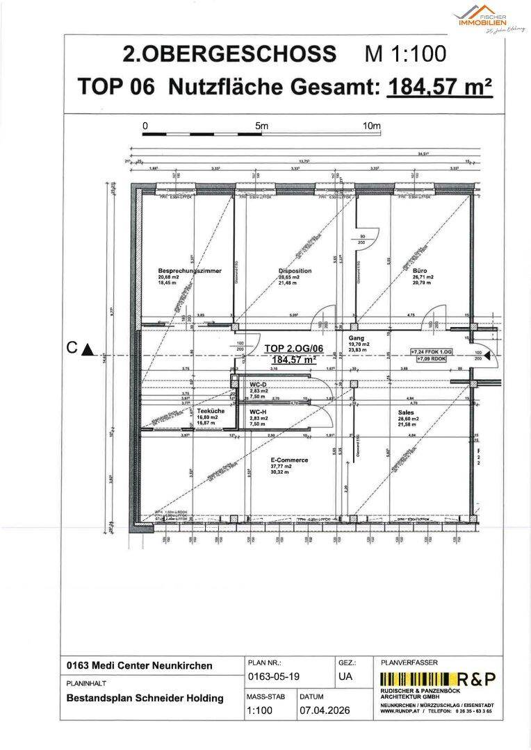 Grundriss des 2. Obergeschosses mit einer Nutzfläche von 184,57 m² und verschiedenen Büroräumen.