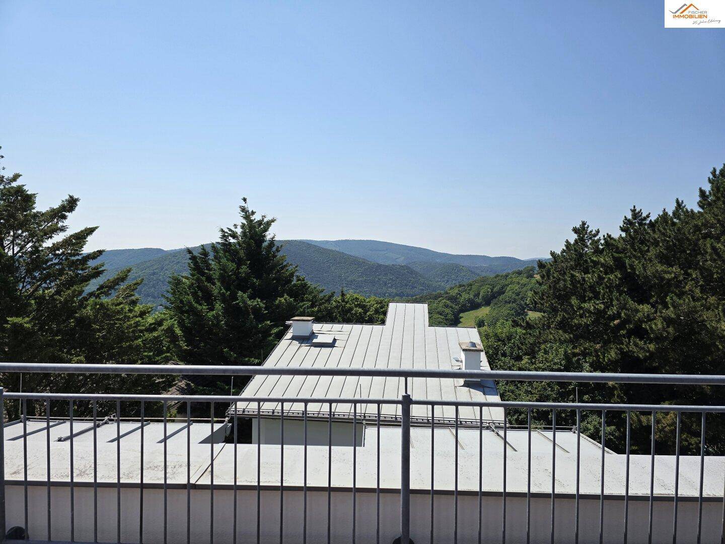 Atemberaubender Weitblick über die bewaldeten Berge von einer Dachterrasse mit Metallgeländer aus.