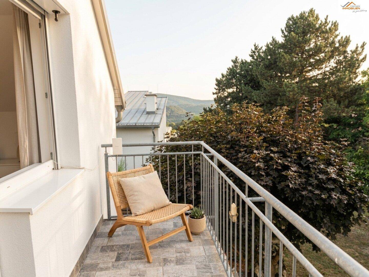Kleiner Balkon mit Sitzgelegenheit und Blick auf die umliegende Natur und Hügellandschaft.