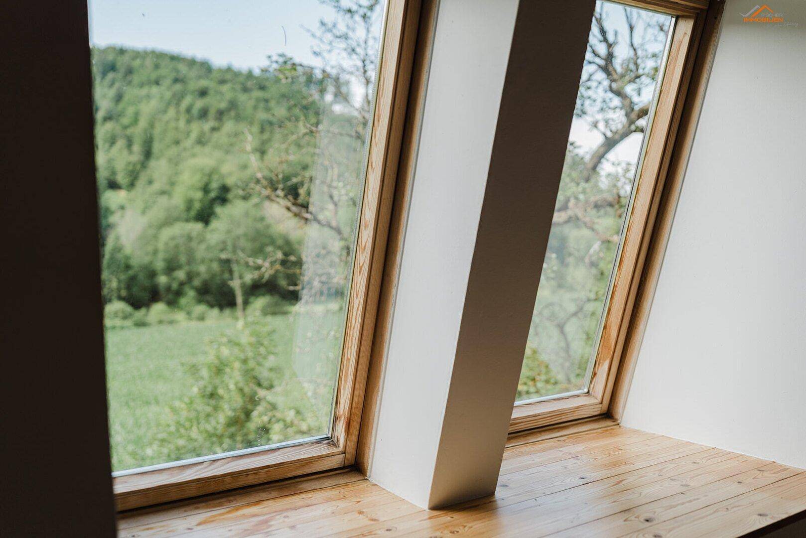 Dachfenster mit Holzrahmen bietet einen weiten Blick auf grüne Hügel und Bäume.