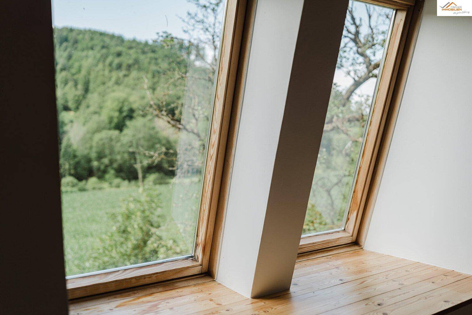 Dachfenster mit Holzrahmen und weitem Blick auf die grüne Landschaft.