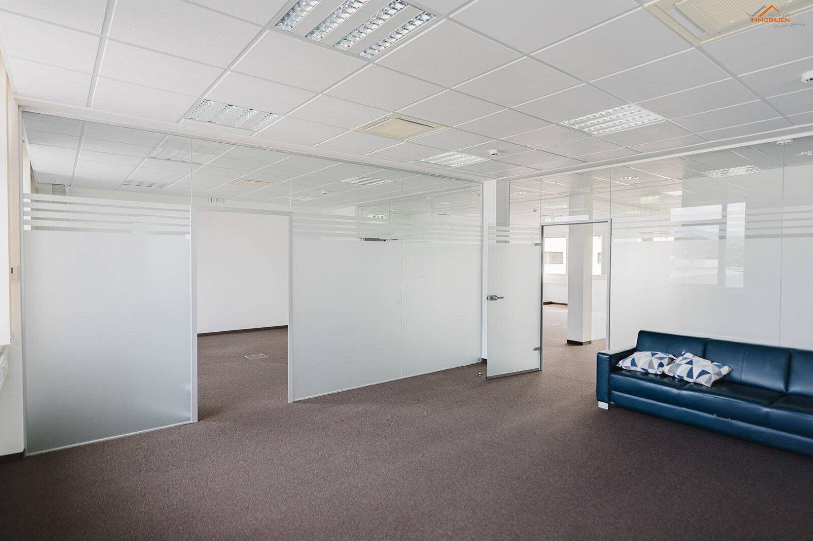 Geräumiges Büro mit Teppichboden, Glaswänden und einem blauen Sofa, ideal für flexible Arbeitsplatzgestaltung.