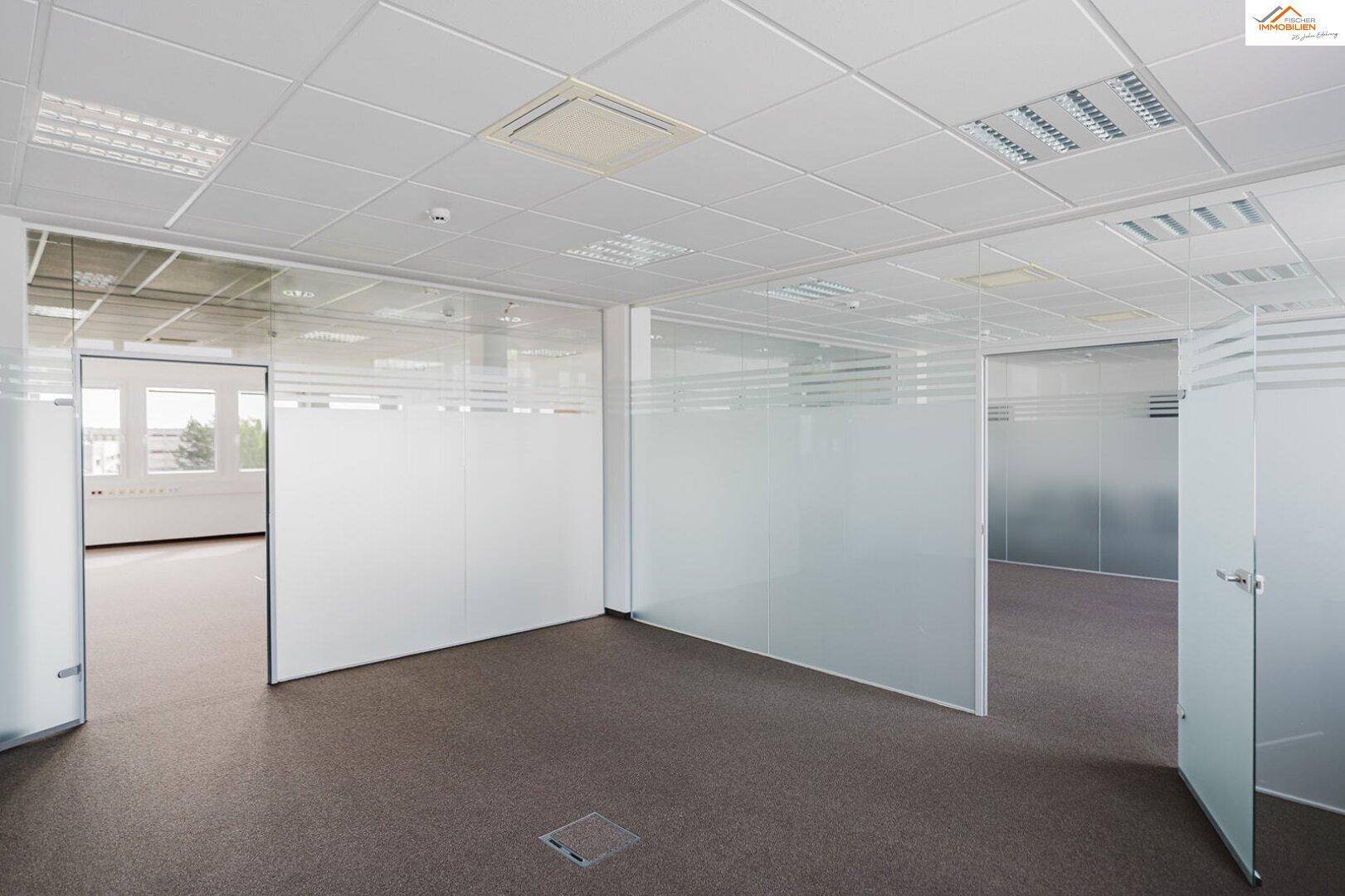 Geräumiges Büro mit Teppichboden und Glaswänden, die eine helle und offene Arbeitsumgebung schaffen.