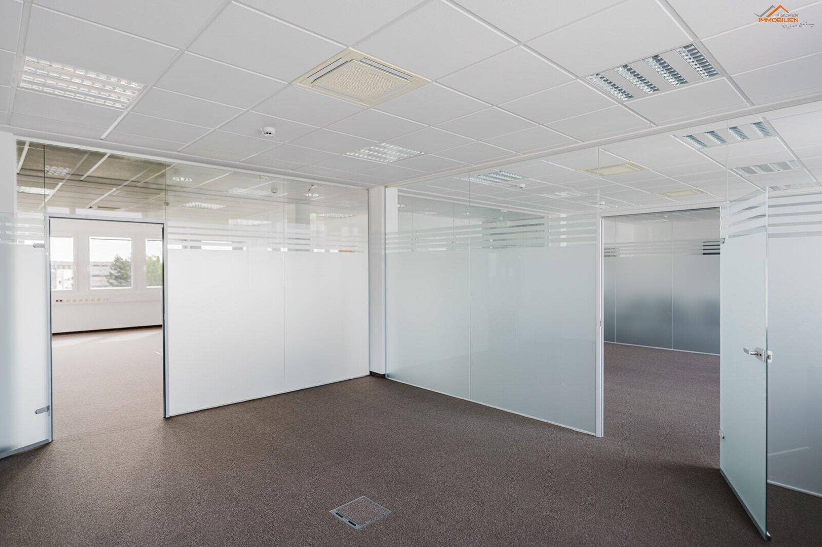 Flexibles Büro mit Glaswänden und Teppichboden, das eine offene und doch strukturierte Arbeitsumgebung ermöglicht.