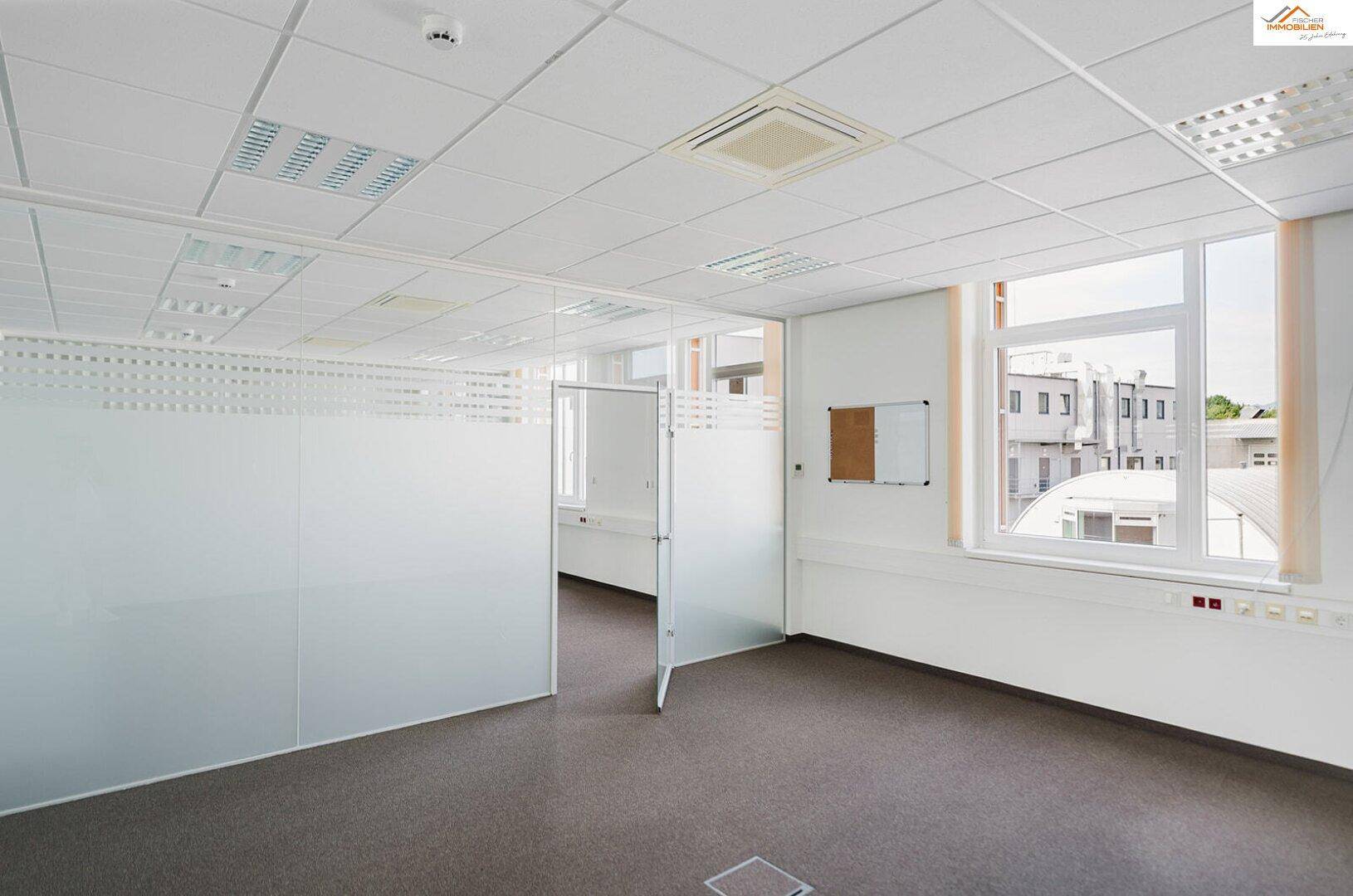 Modernes Büro mit Teppichboden, großen Fenstern und Glaswänden, die eine helle und flexible Arbeitsumgebung bieten.