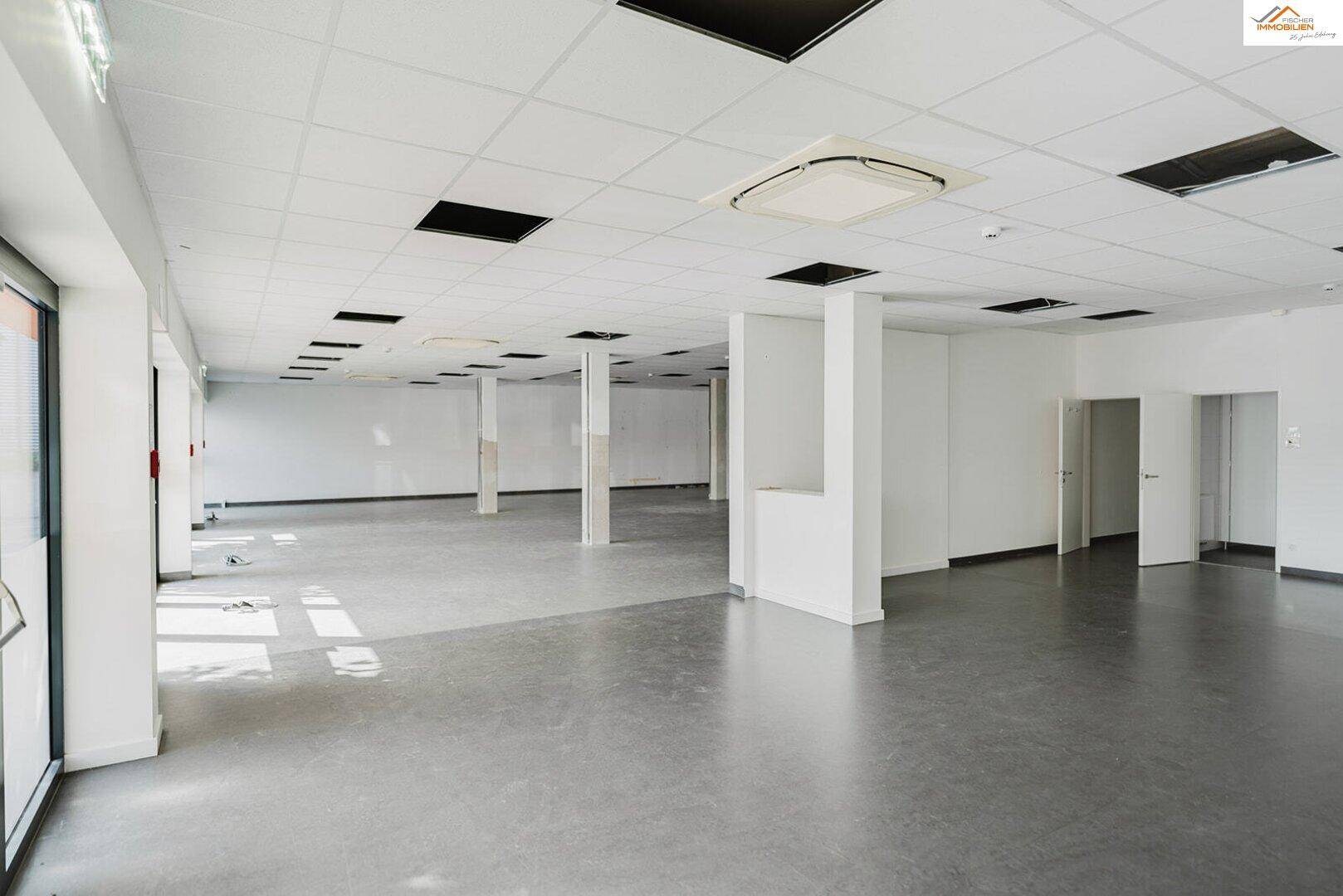 Weitläufiger, leerer Gewerberaum mit Säulen und weißen Wänden, ideal für flexible Gestaltungsmöglichkeiten.
