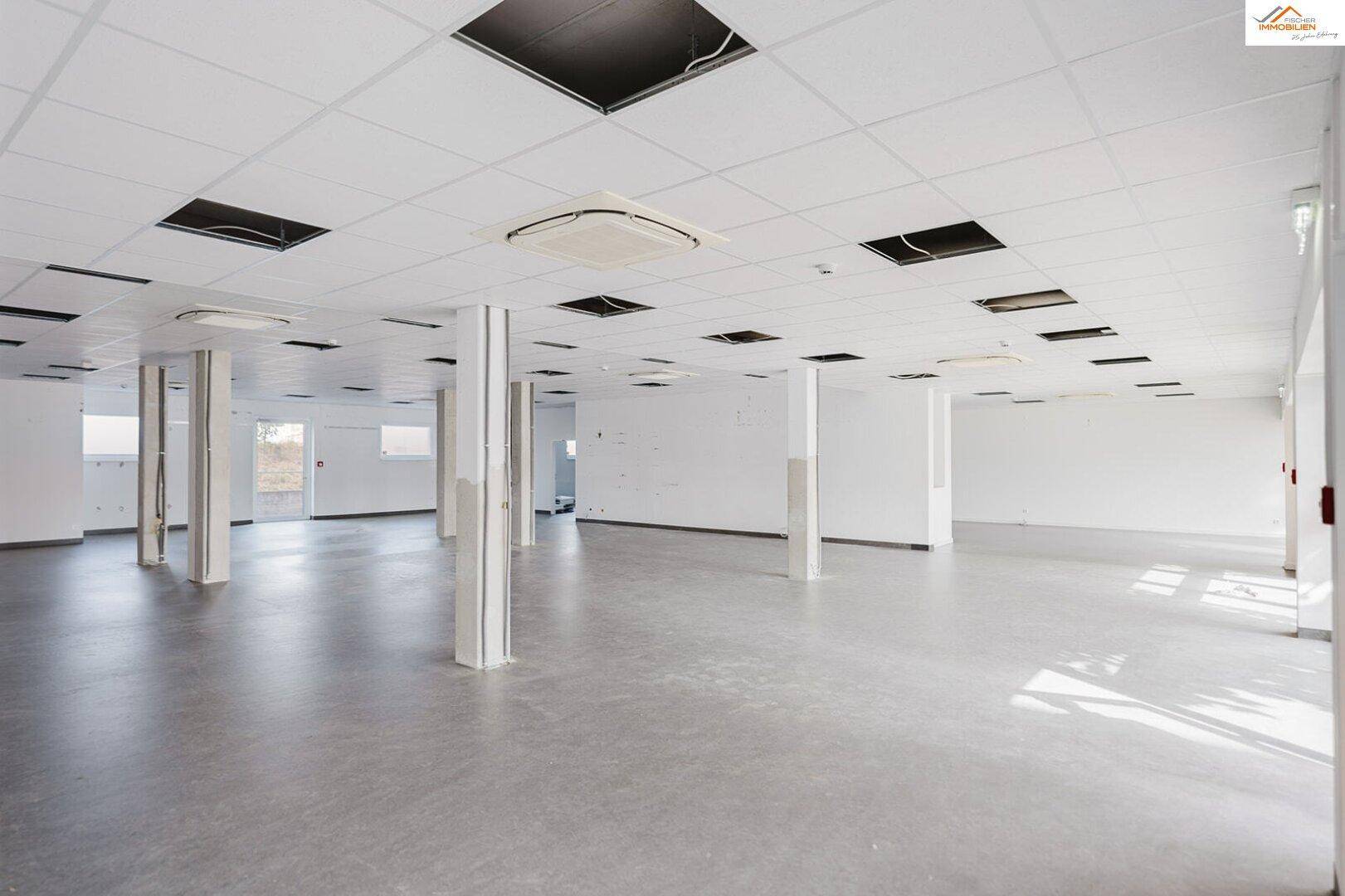 Geräumiger Gewerberaum mit vielen Säulen, abgehängter Decke und großen Fenstern, die Tageslicht spenden.