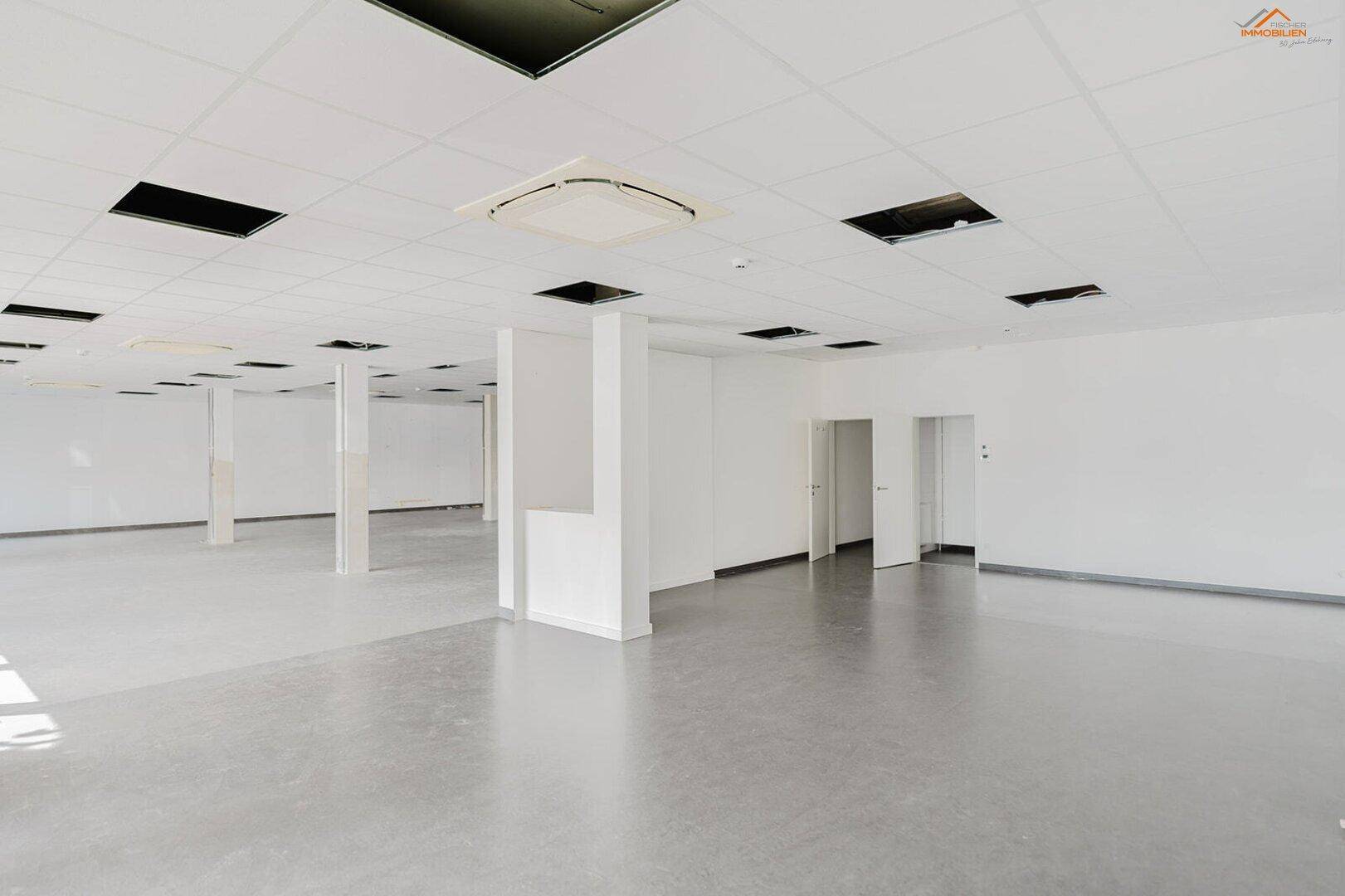 Weitläufiger, leerer Gewerberaum mit Betonboden, mehreren Säulen und einer abgehängten Decke.