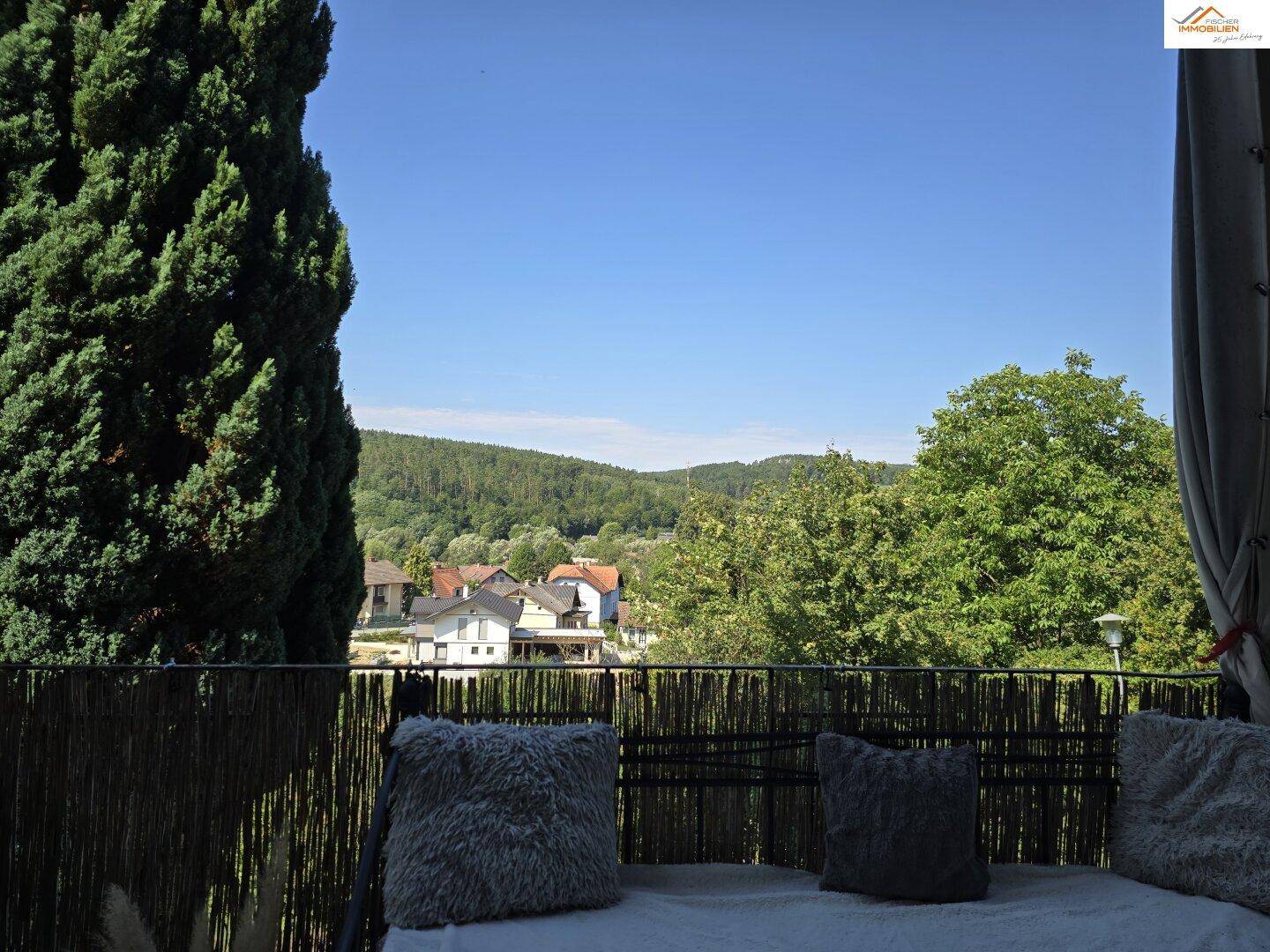 Panoramablick vom Balkon über die umliegende Landschaft und nahegelegene Häuser.