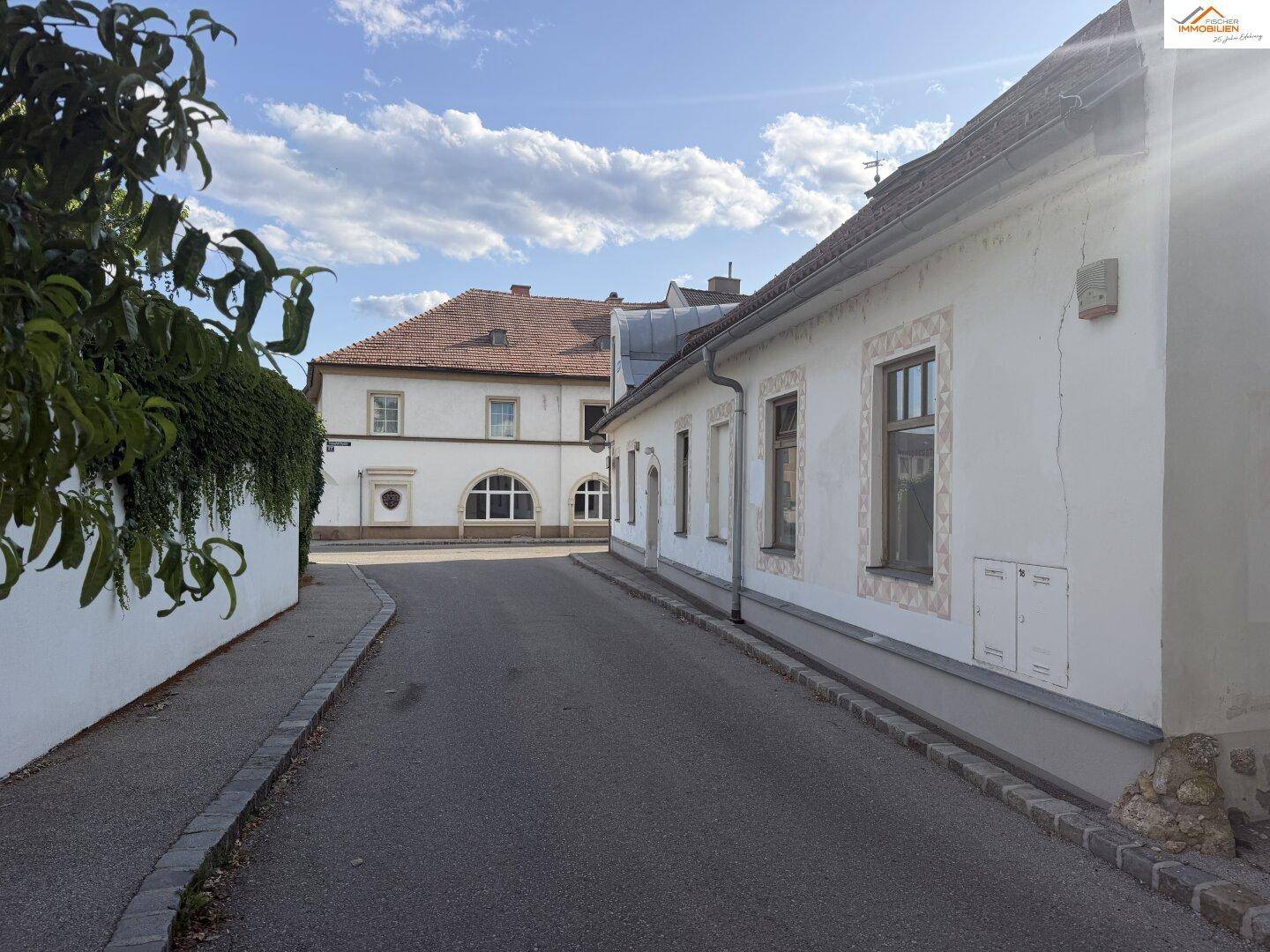 Seitenansicht eines historischen Gebäudes mit gepflegter Fassade und schmaler Gasse.
