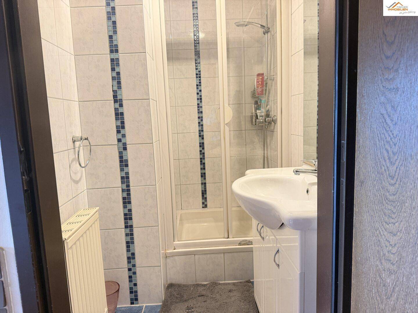 Kleines Badezimmer mit Duschkabine, Waschbecken und Fliesen in Blau-Weiß.