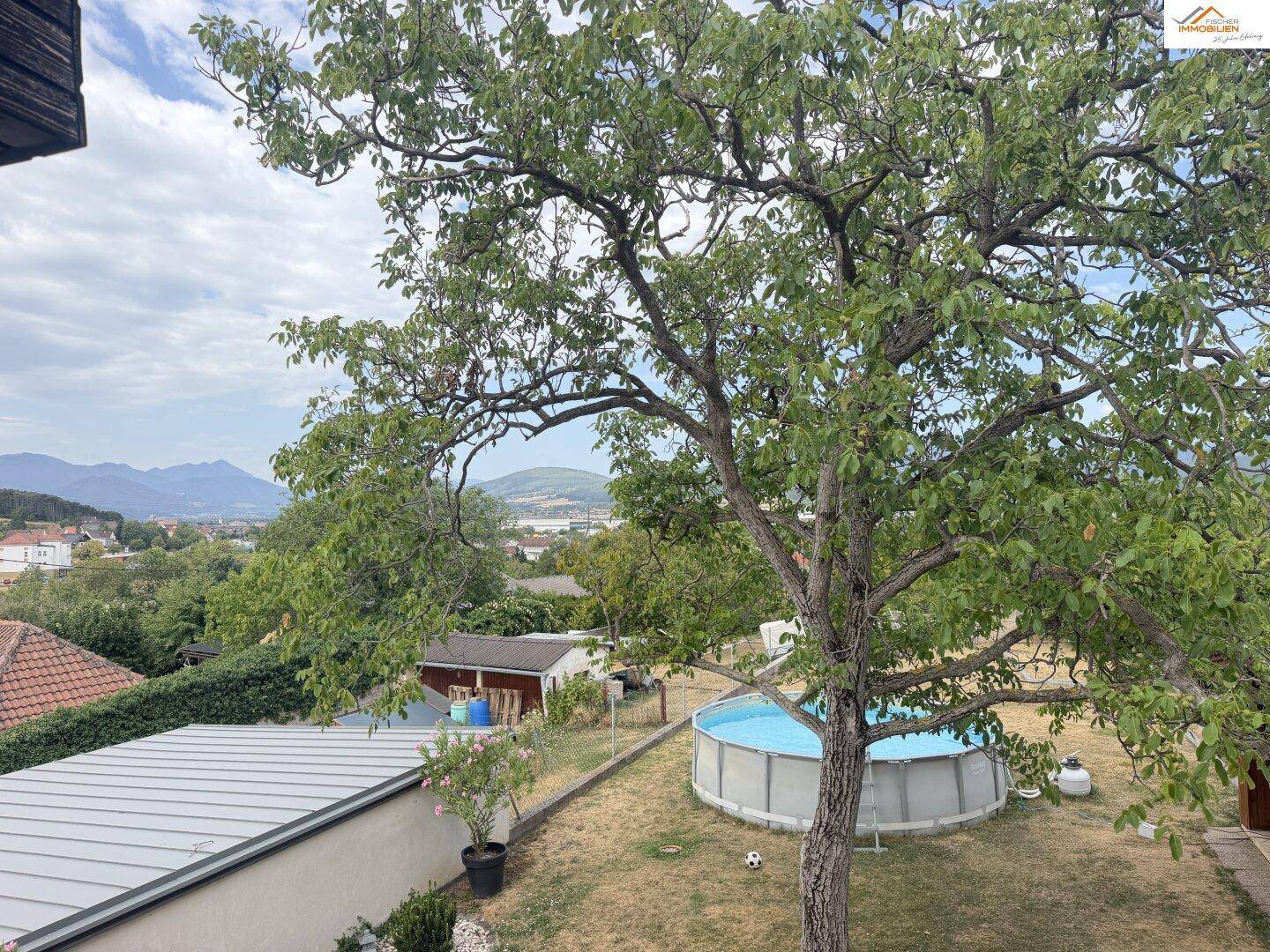 Gartenbereich mit Aufstellpool, altem Baumbestand und Blick auf die Berge.